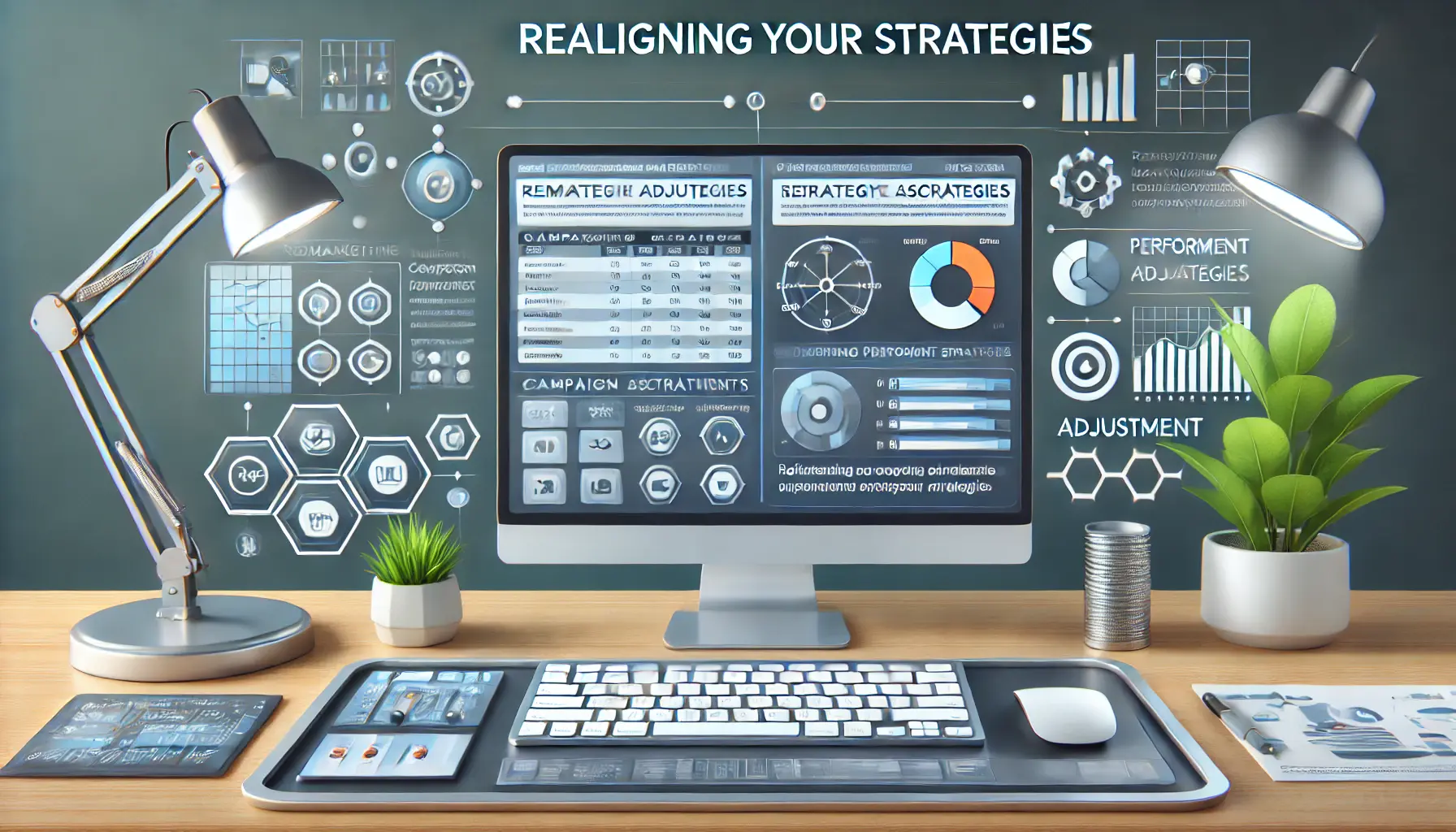 Digital marketing setup with a computer screen showing campaign settings, performance metrics, and adjustment tools, representing strategy realignment.