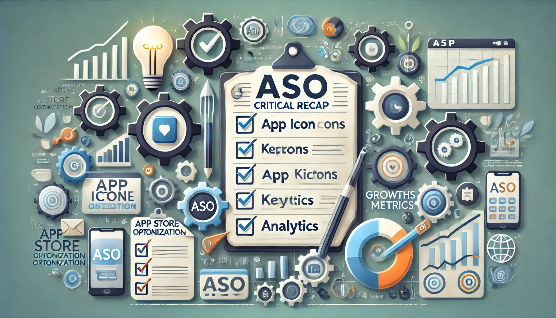 Illustration representing the recap of critical ASO tactics for startups, featuring a checklist with key ASO elements like app icons, keywords, analytics, and growth metrics, surrounded by gears, arrows, and a lightbulb.