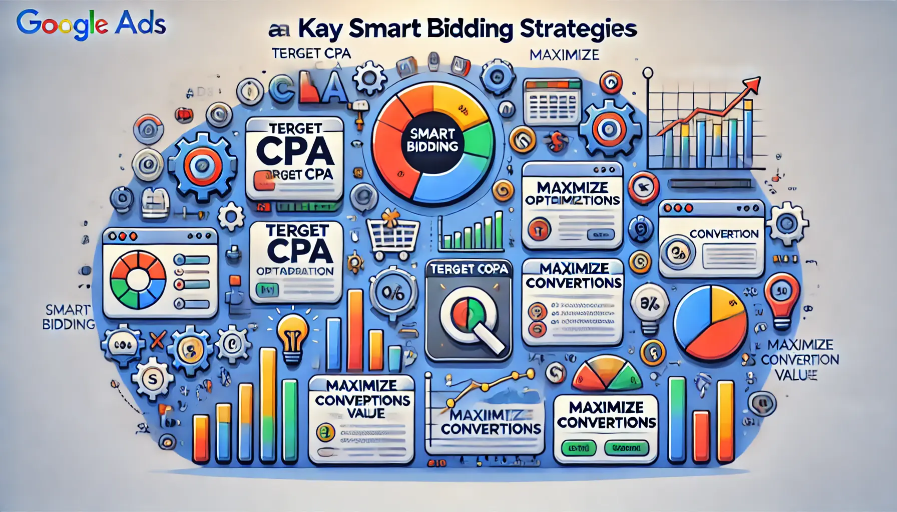 Illustration of key Smart Bidding strategies in Google Ads, showing icons for Target CPA, Target ROAS, Maximize Conversions, and Maximize Conversion Value.