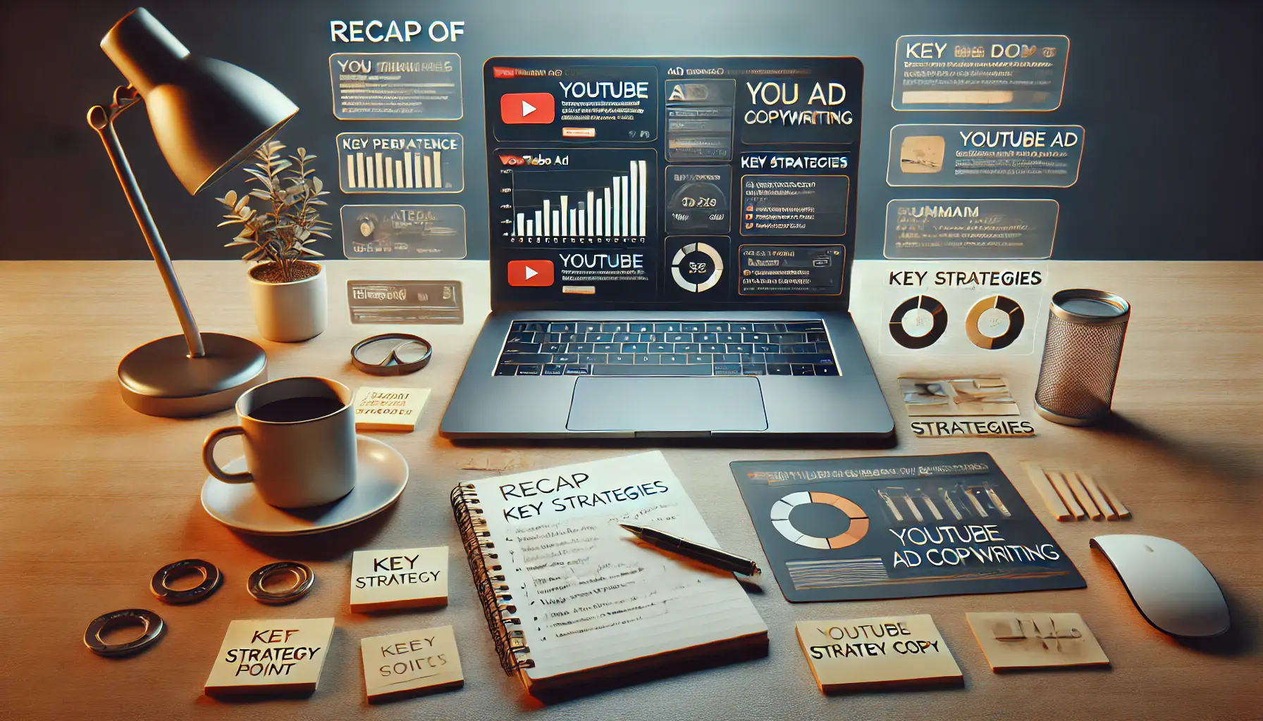 A workspace with a laptop displaying YouTube ad campaign summaries and key strategy points, surrounded by sticky notes and a notepad.