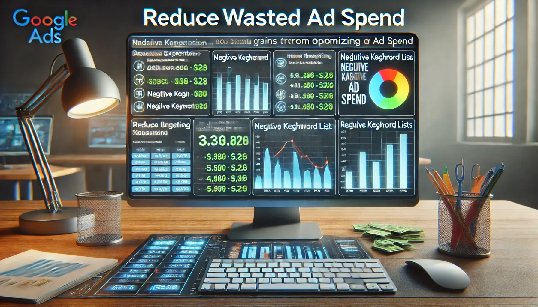 Digital advertising dashboard showing cost savings and improved targeting metrics from optimizing ad spend.