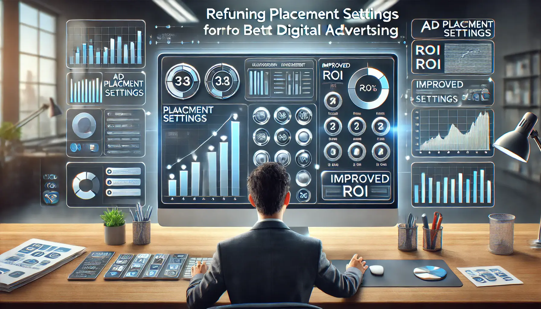 Digital marketing strategist adjusting ad placement settings on a computer interface.