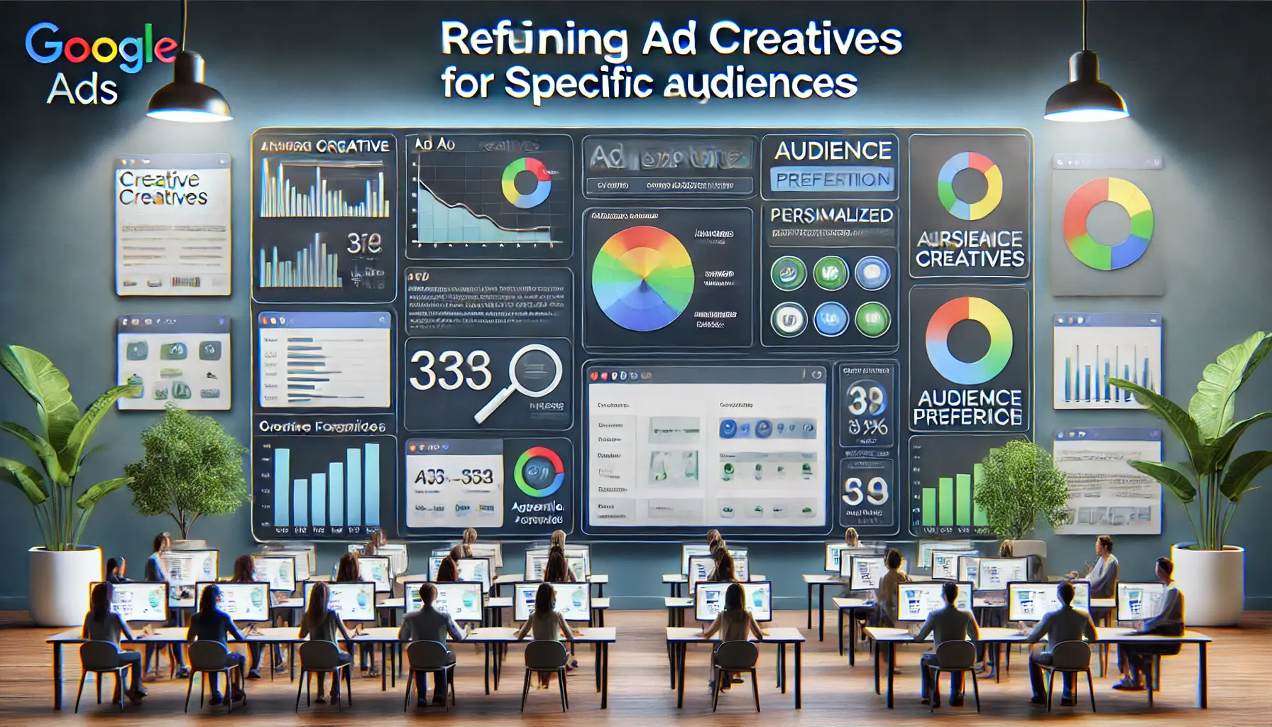 A professional image showing the process of refining ad creatives for specific audiences in Google Ads, with personalized ad formats and audience insights.