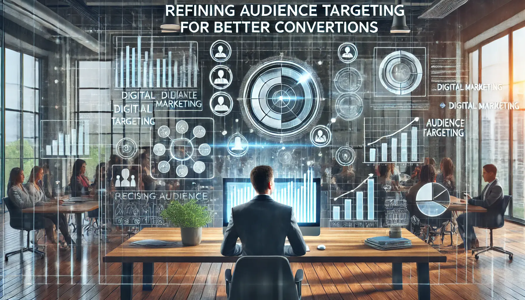 A digital marketing professional analyzing audience data on a computer screen in a modern office.