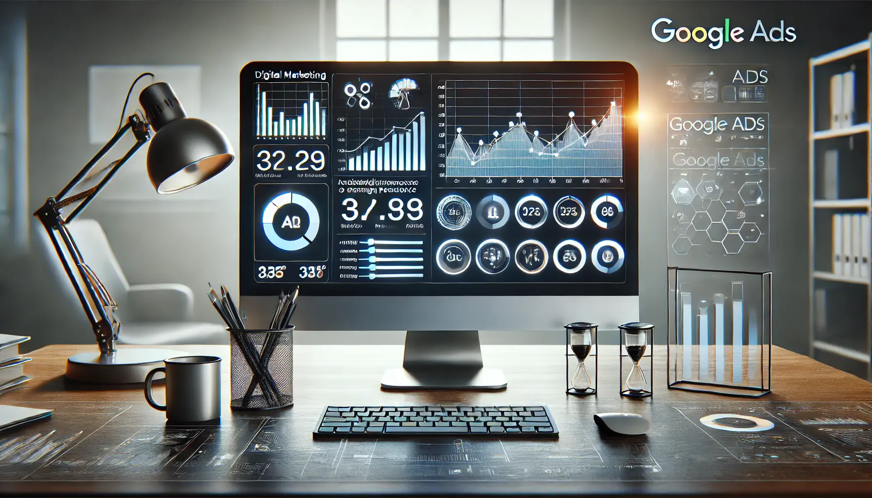 A digital marketing workspace showing performance metrics and charts with real-time data adjustments to optimize Google Ads campaigns.