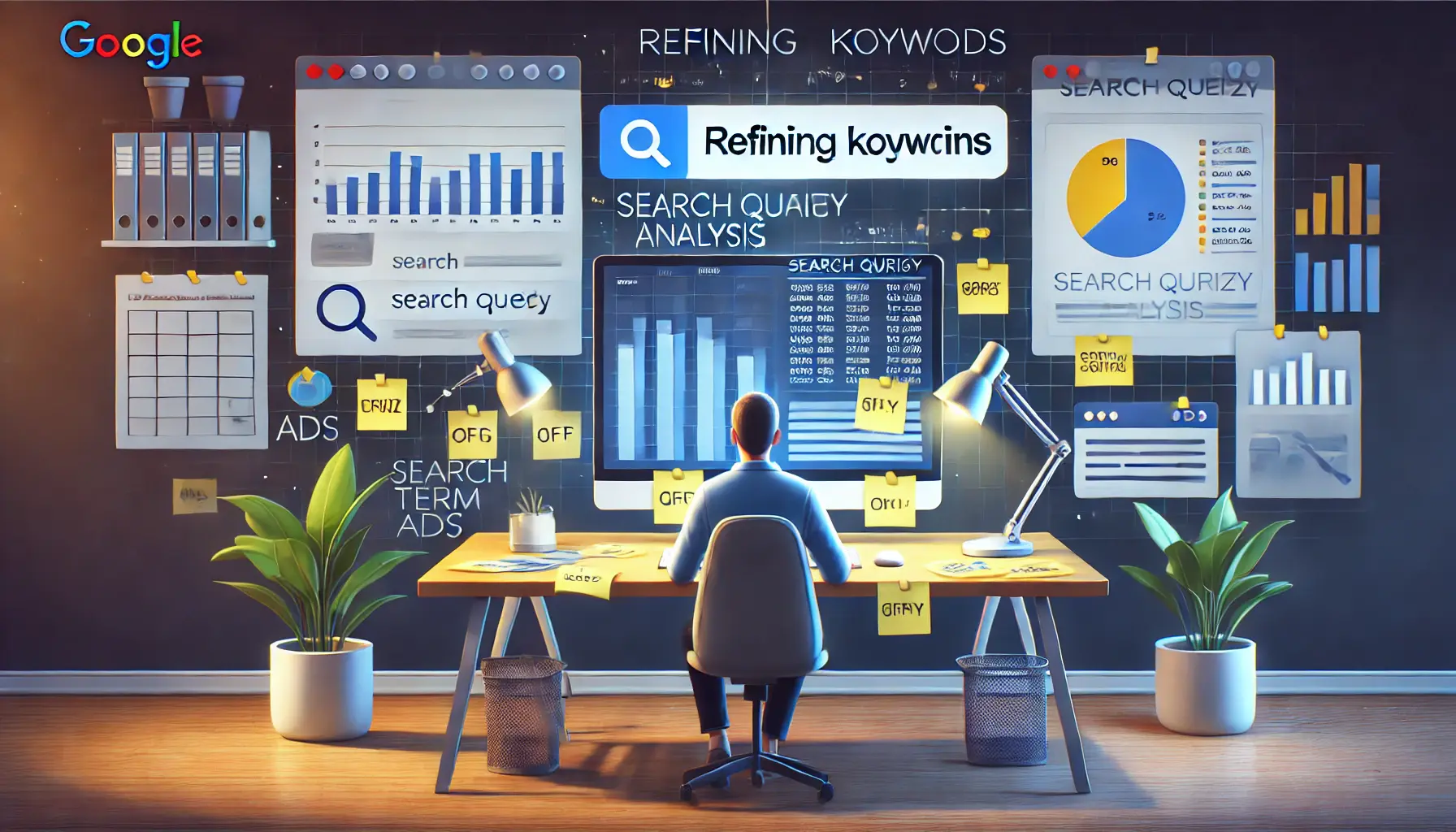 A visual representation of refining keywords through search query analysis, showing a person analyzing data on a computer.