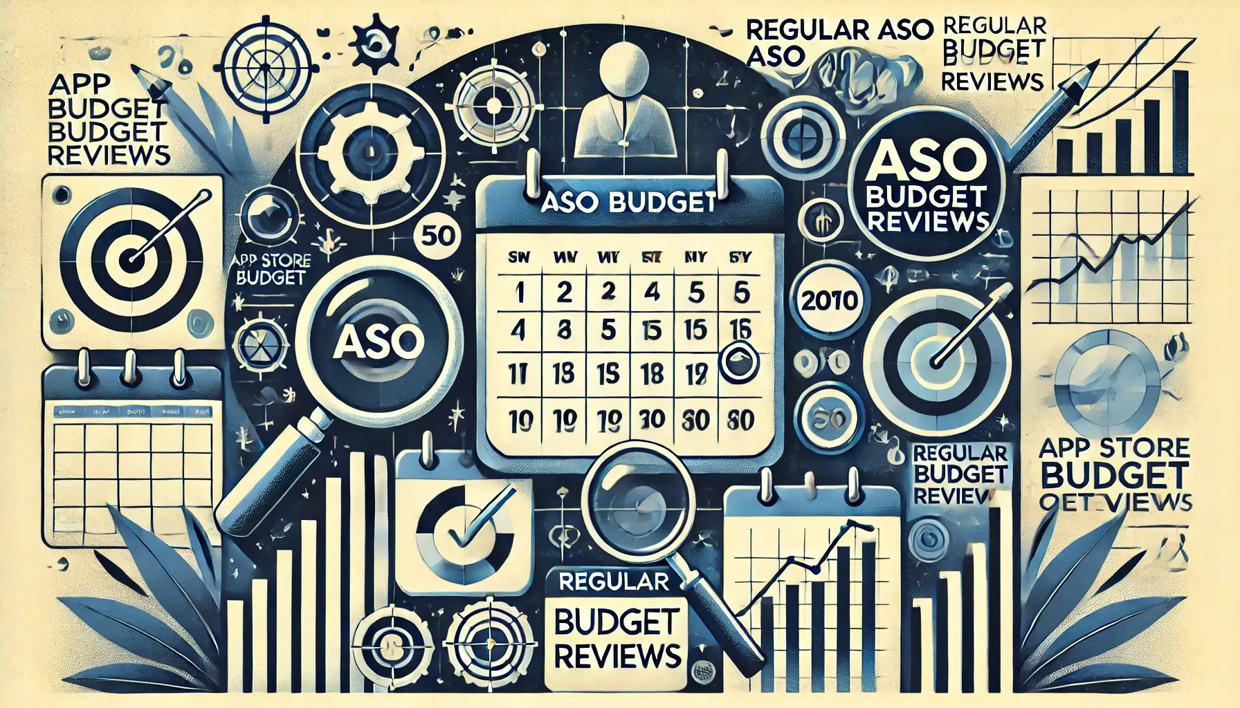 Abstract image symbolizing routine evaluation of ASO budgets with visuals like a calendar with checkpoints, magnifying glass examining charts, and cyclical graphs.