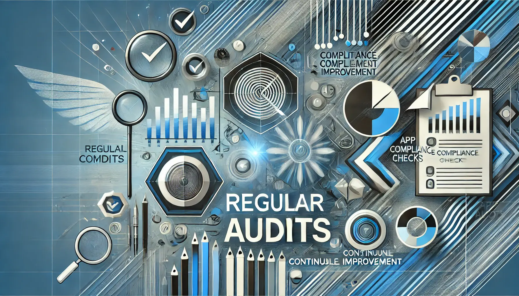 Abstract representation of regular audits in app store compliance, featuring symbols of auditing, continuous improvement, and adherence to guidelines.