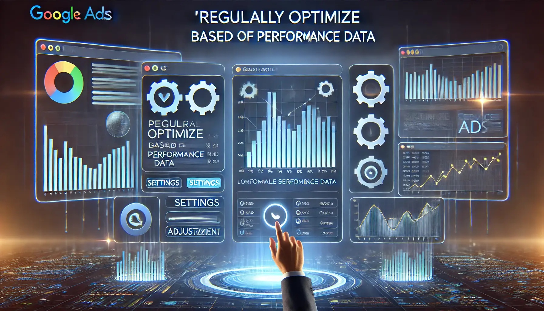 An image showing a digital dashboard with performance graphs and real-time analytics being adjusted, symbolizing the continuous optimization of ads based on performance data.