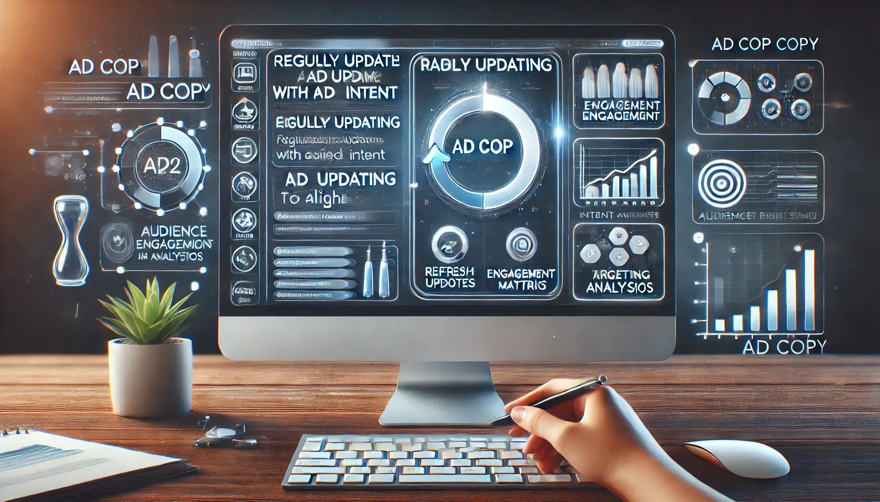 Workspace with computer displaying ad management dashboard focusing on ad copy updates and engagement metrics.