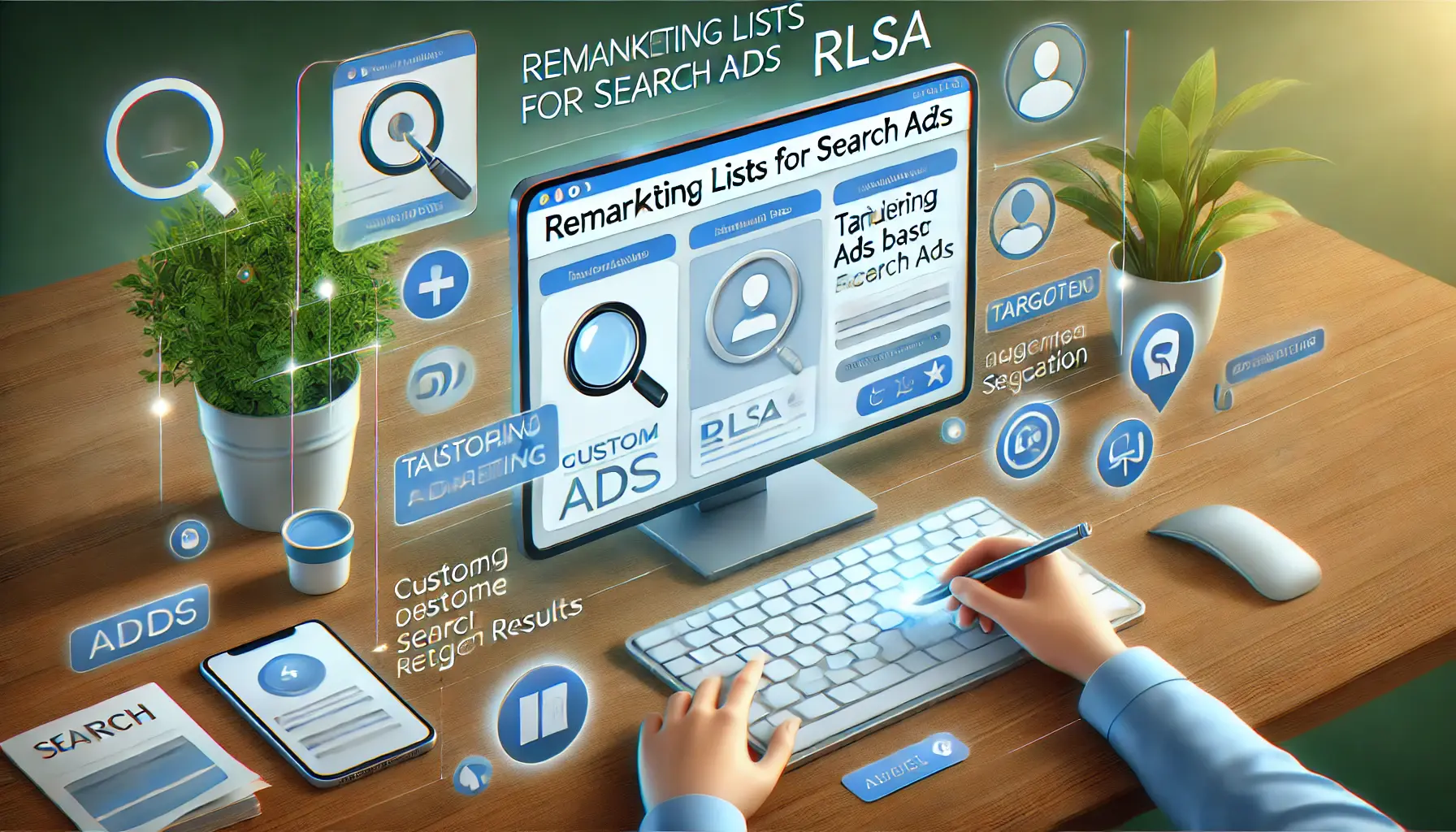 Digital marketing scene featuring a search engine interface with targeted ads and audience segmentation icons representing RLSA strategies.