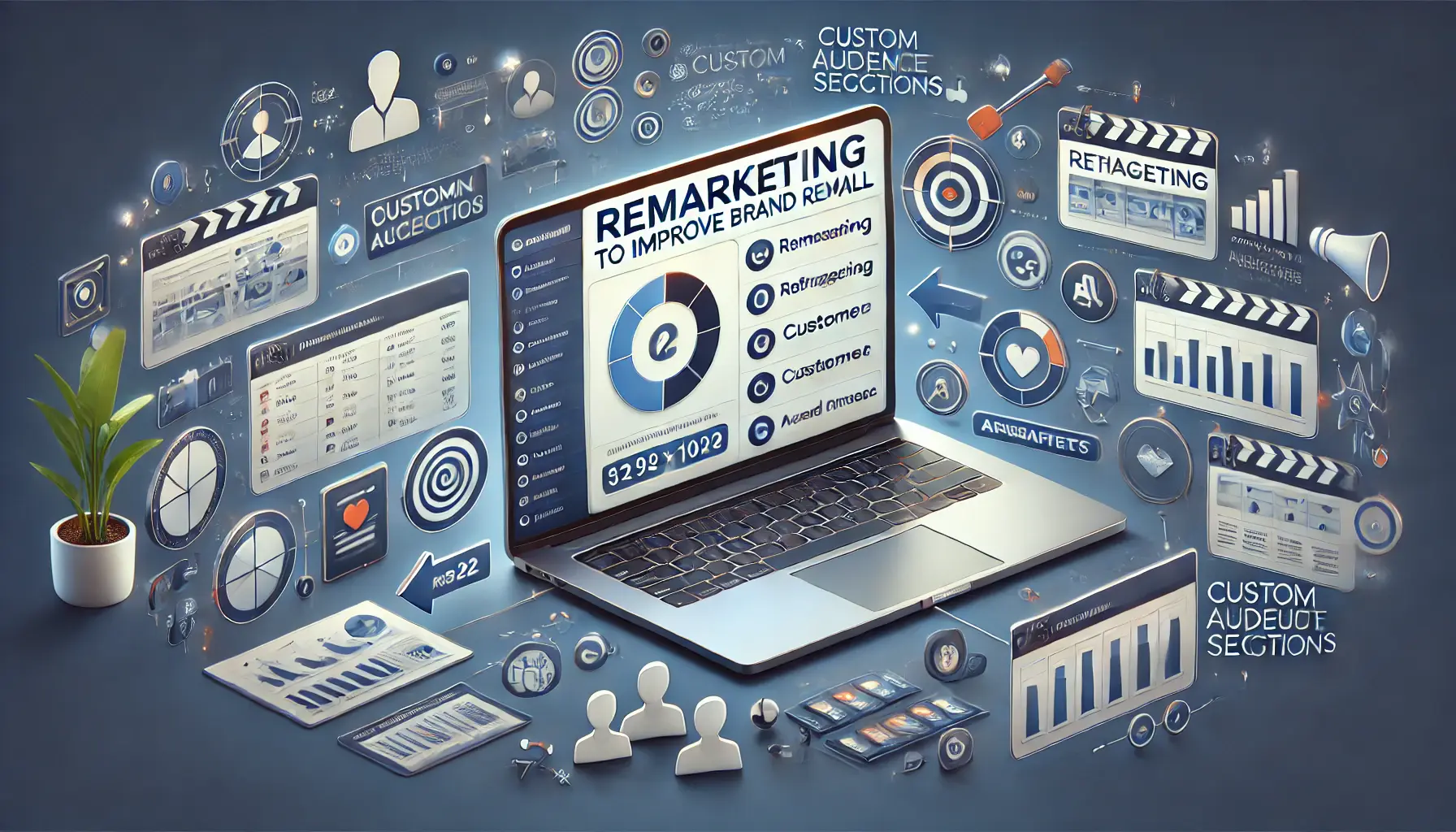 Digital marketing scene with a laptop displaying a remarketing dashboard, surrounded by icons like retargeting arrows, customer profiles, and product images indicating the remarketing process.