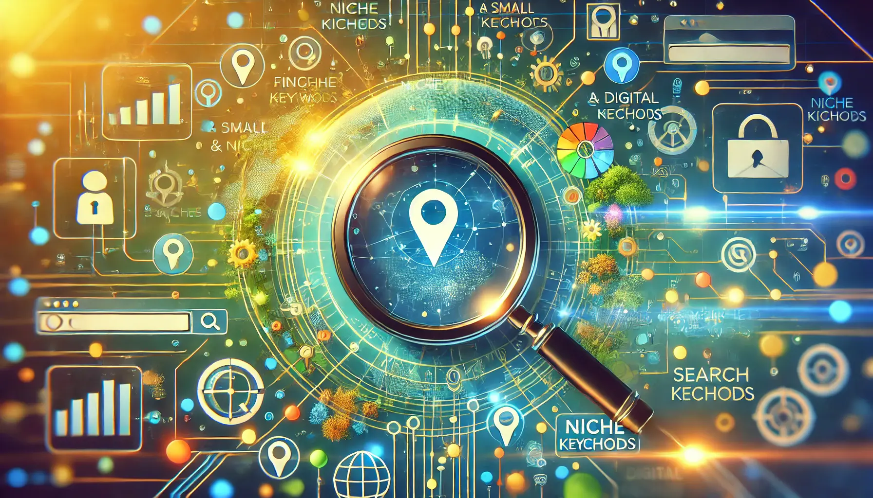 Illustration representing the process of researching and discovering niche keywords, featuring a magnifying glass focusing on a digital landscape with keyholes, pathways, and interconnected nodes.