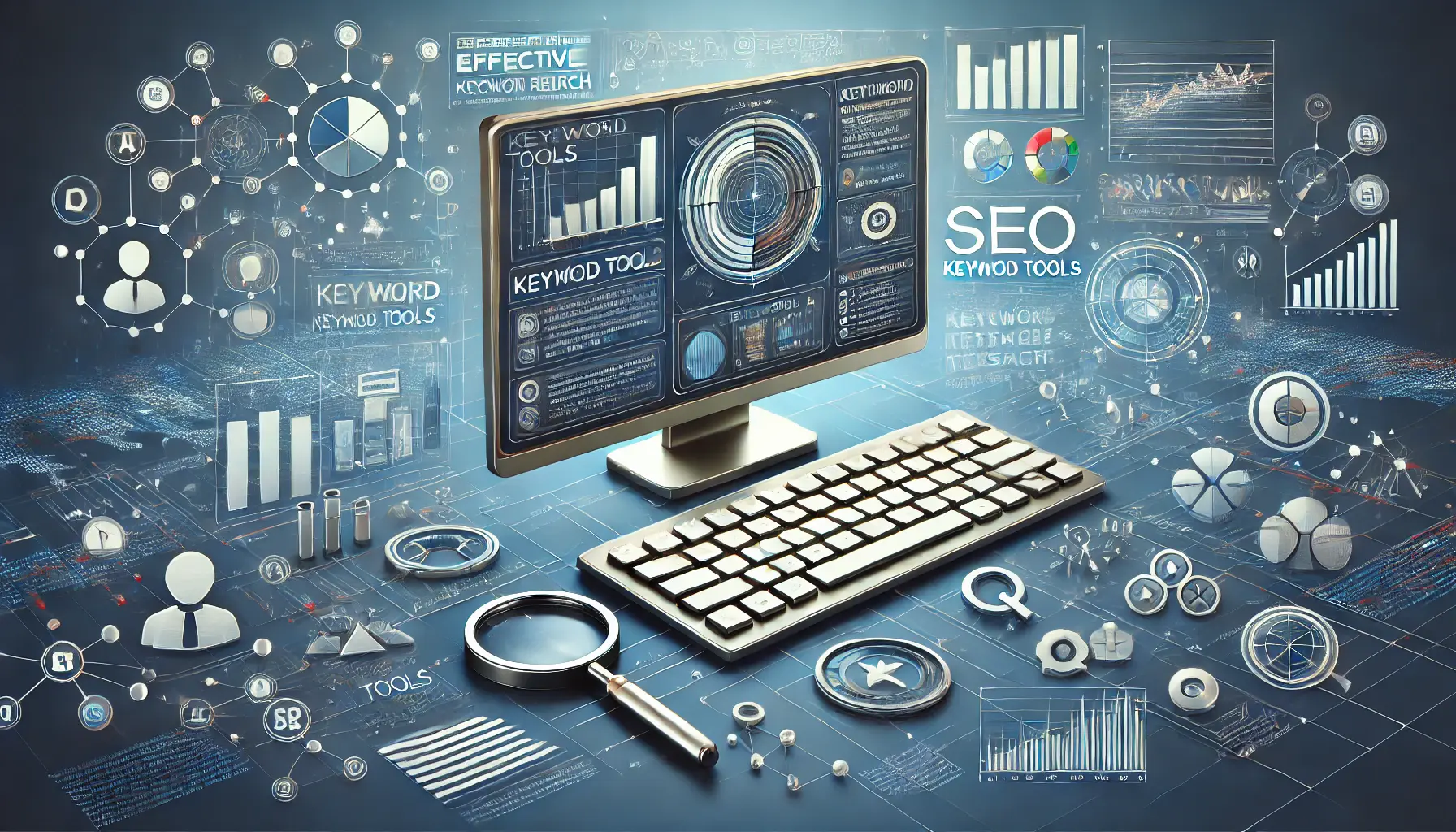 Illustration representing SEO keyword research resources, featuring a computer screen displaying data analytics, keyword tools, and search bars with surrounding icons.