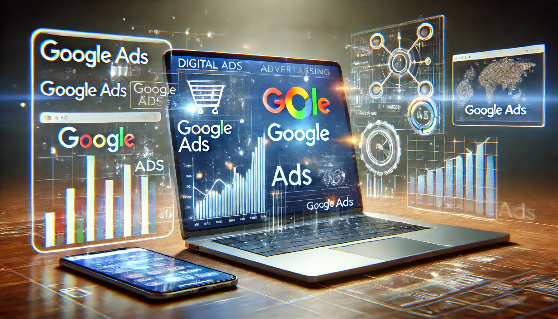 A representation of digital advertising focusing on Google Ads, showing a computer screen with Google Ads interface, data charts, and abstract visuals symbolizing machine learning and automation.