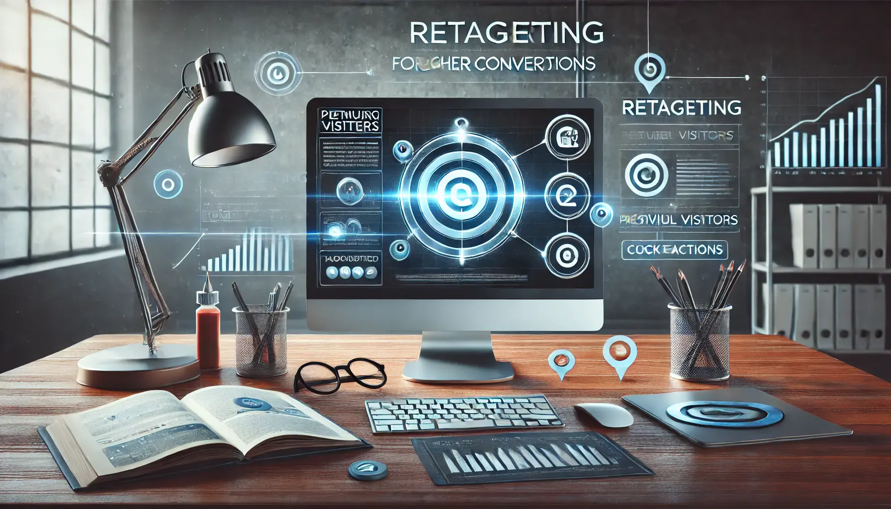 Workspace with a computer displaying retargeting data, surrounded by icons of previous visitors and targeted ads, symbolizing retargeting strategy.