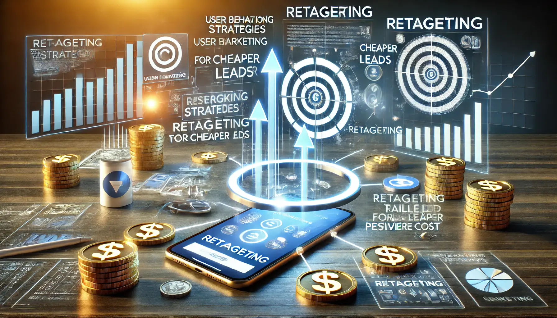 A digital marketing scene showing user behavior data and devices displaying retargeted ads, symbolizing strategies for generating cheaper leads.