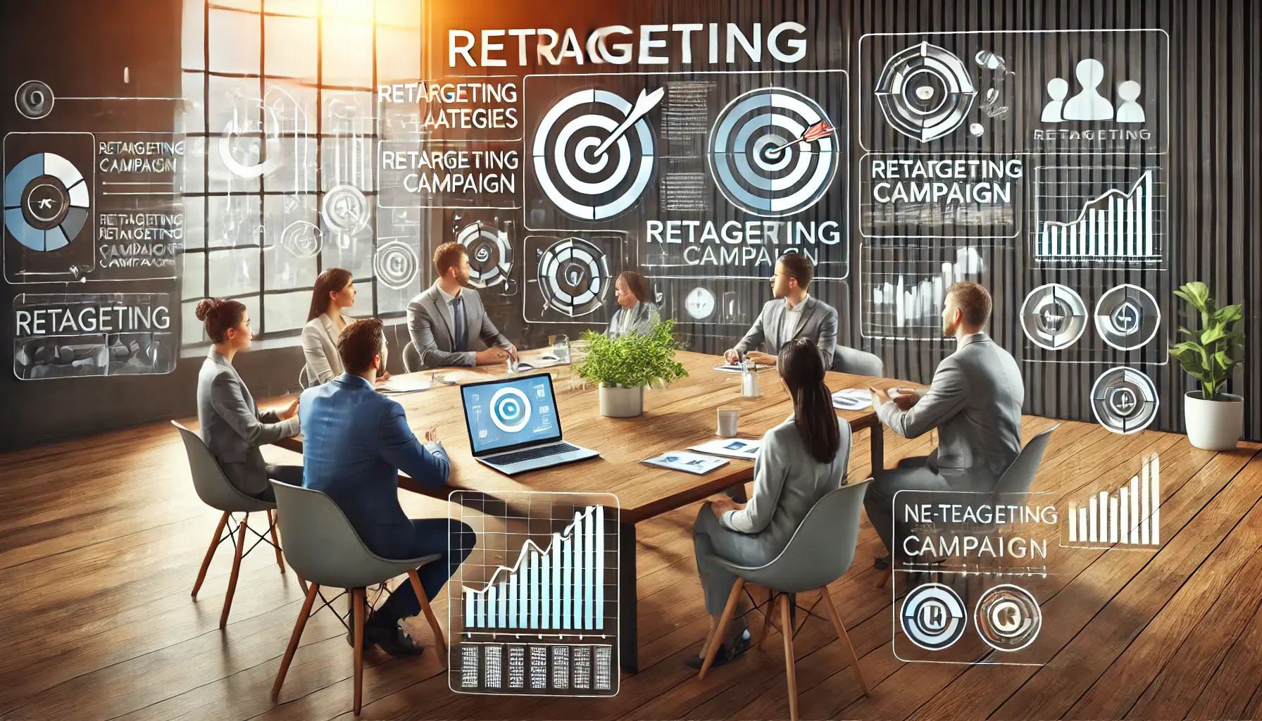 Marketing team discussing retargeting strategies around a conference table with charts and a laptop in a modern office.