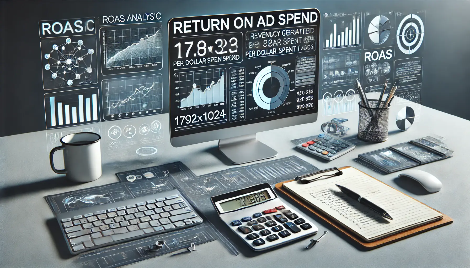 Image depicting a digital workspace with a computer showing Return on Ad Spend (ROAS) analysis, including graphs and data visualizations.