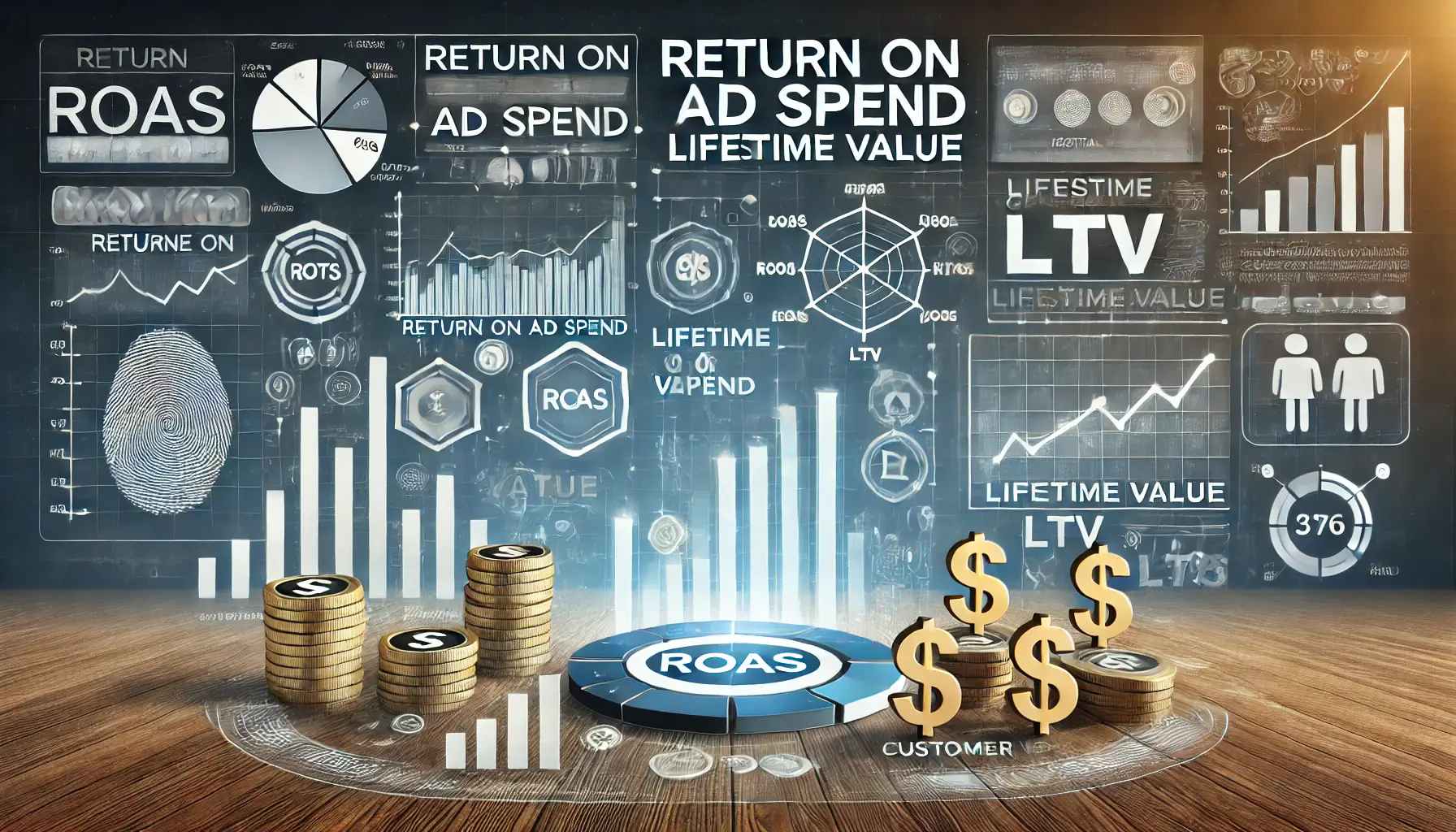 A comprehensive image illustrating Return on Ad Spend (ROAS) and Lifetime Value (LTV) in digital advertising, featuring graphs and revenue icons.