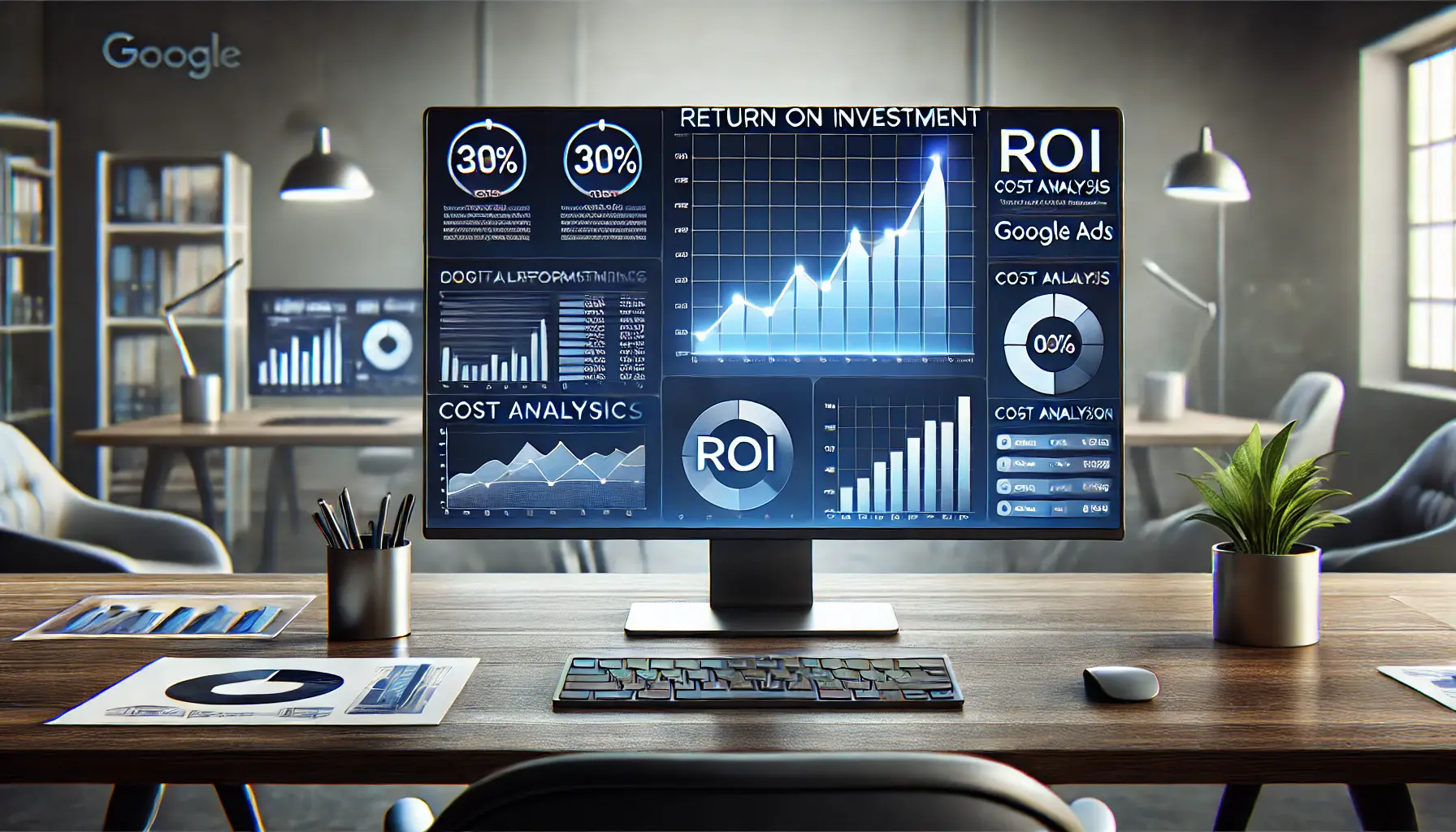 A digital marketing dashboard displaying performance metrics like ROI, cost analysis, and conversion data with a graph showing rising indicators of efficiency.