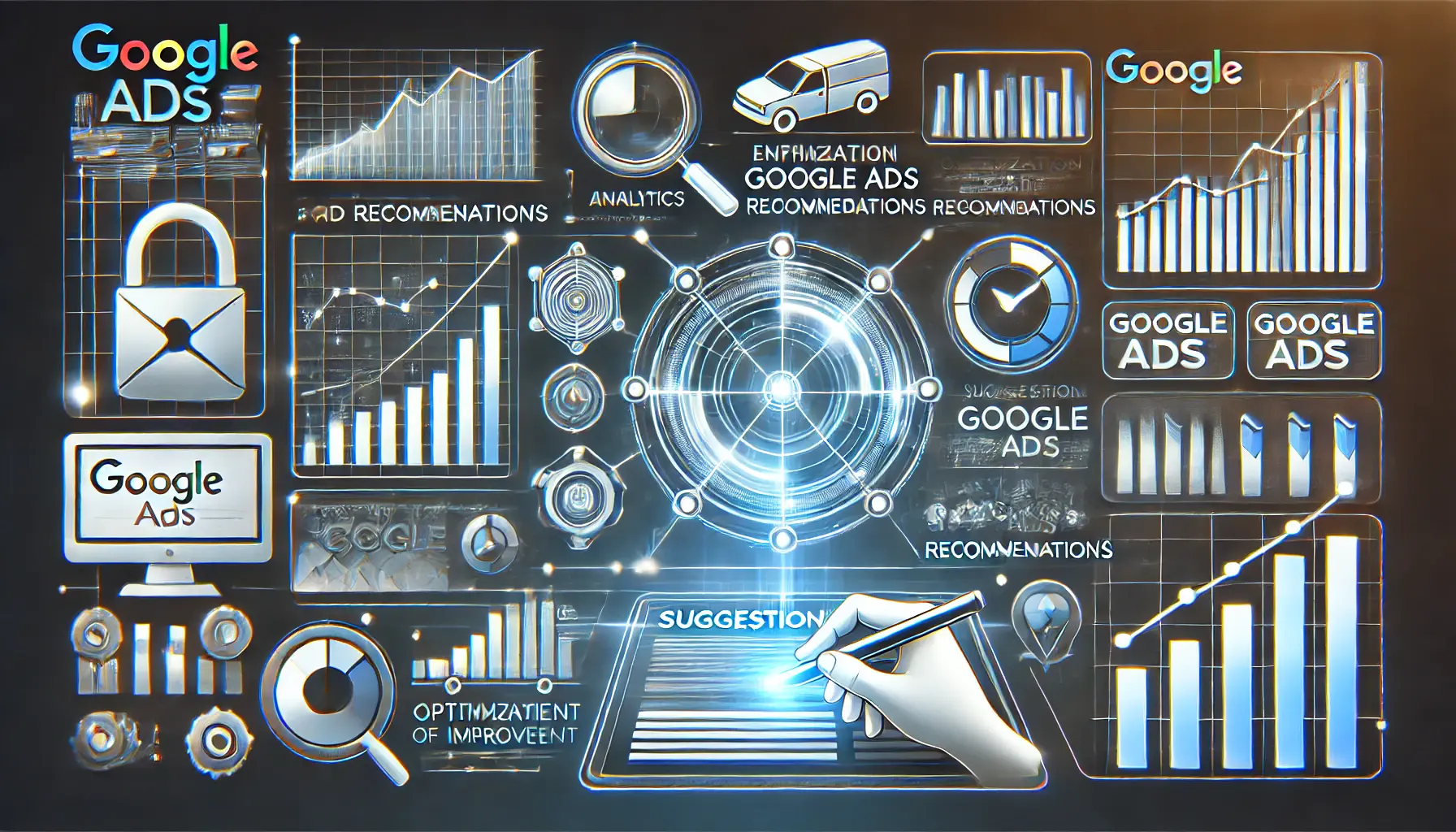 A visual representation of running Google Ads recommendations with a dashboard, data charts, and automated suggestions in digital advertising.