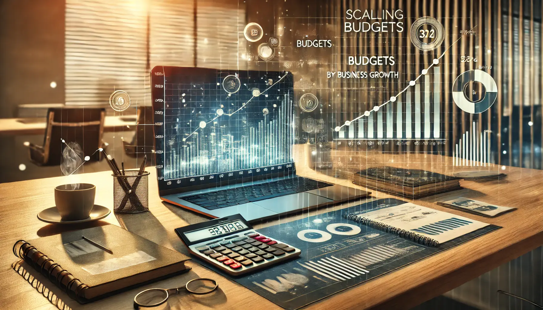 A modern office workspace displaying financial growth charts and budget scaling metrics.