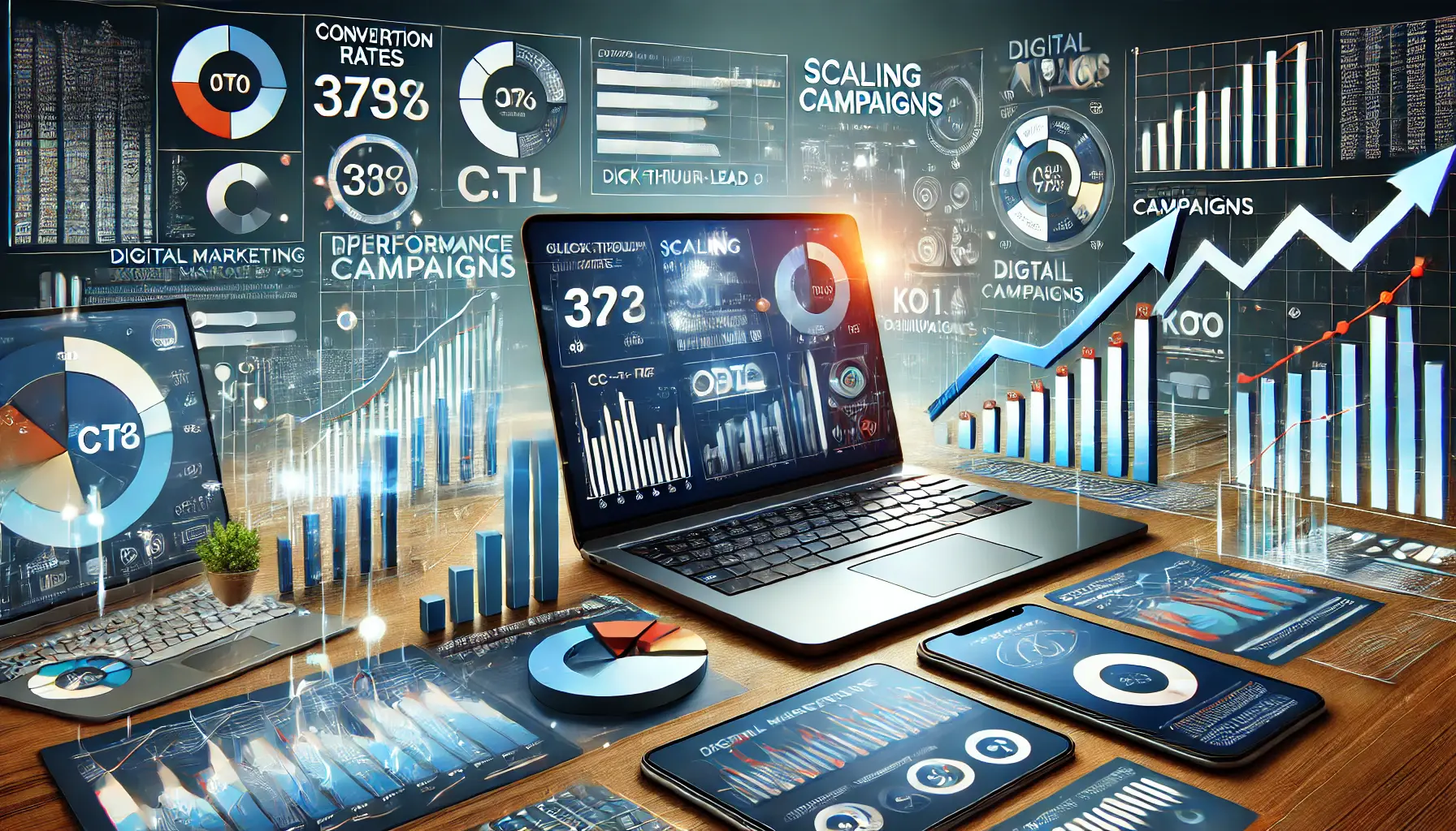 A digital marketing scene showing devices with dashboards displaying performance metrics like conversion rates, click-through rates, and cost-per-lead, symbolizing data-driven campaign scaling.