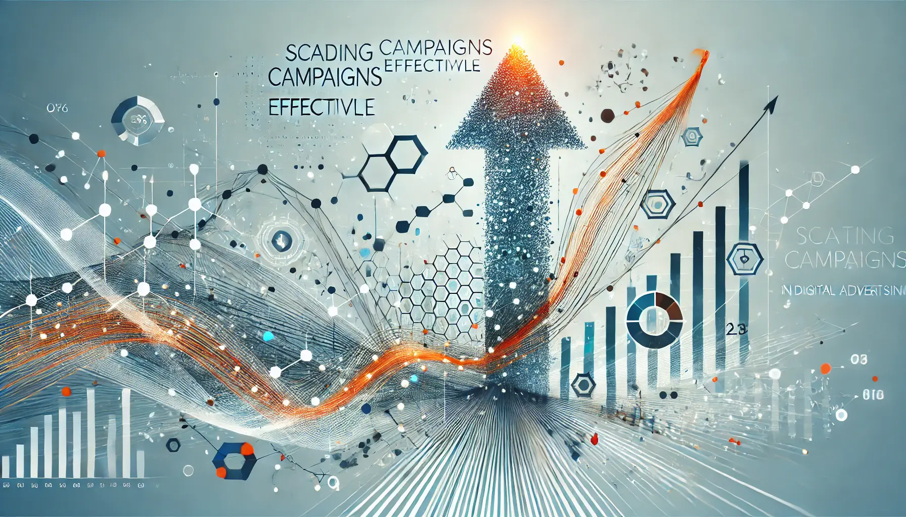 Abstract representation of scaling campaigns with upward arrows, interconnected nodes, and expanding networks symbolizing growth and efficiency