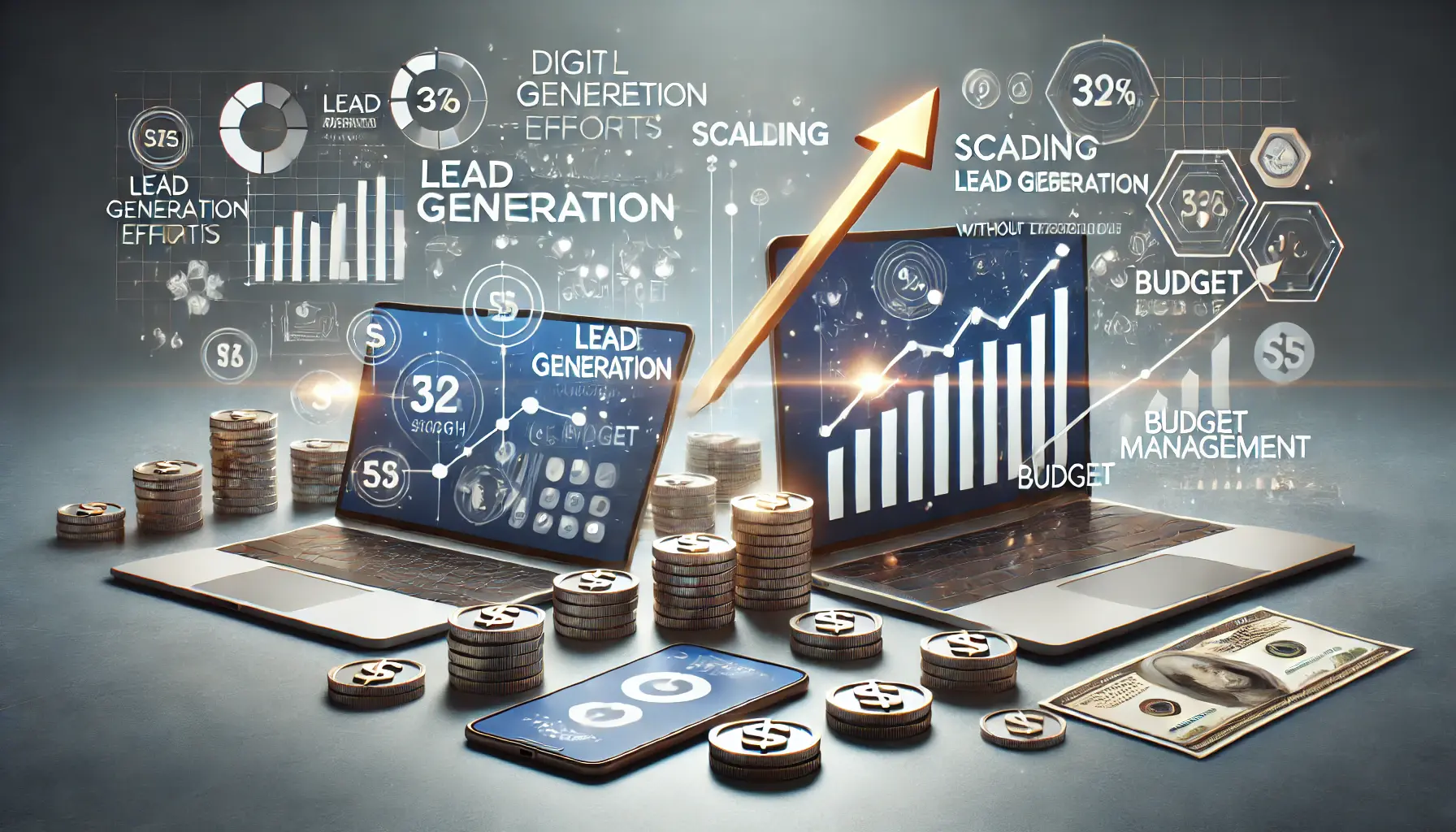 A digital marketing scene showing devices displaying lead generation metrics and budget management tools, symbolizing efficient scaling of lead generation while controlling costs.