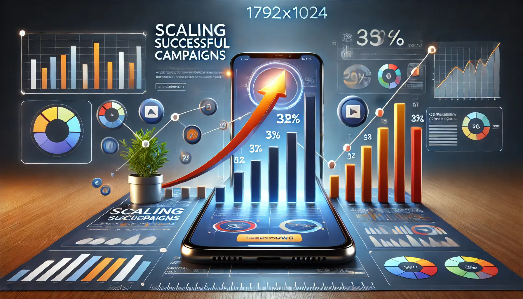 Smartphone displaying app ad with background showing upward-trending graphs and expanding bar charts