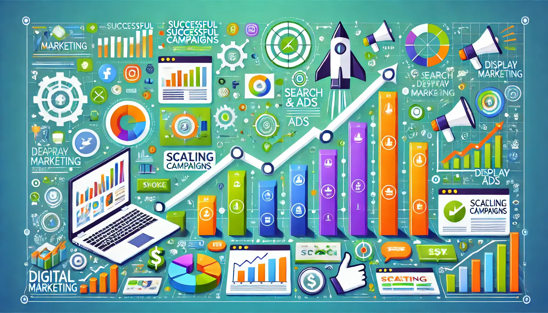 A visual representation of scaling successful campaigns in digital marketing, showcasing growth metrics and campaign visuals.