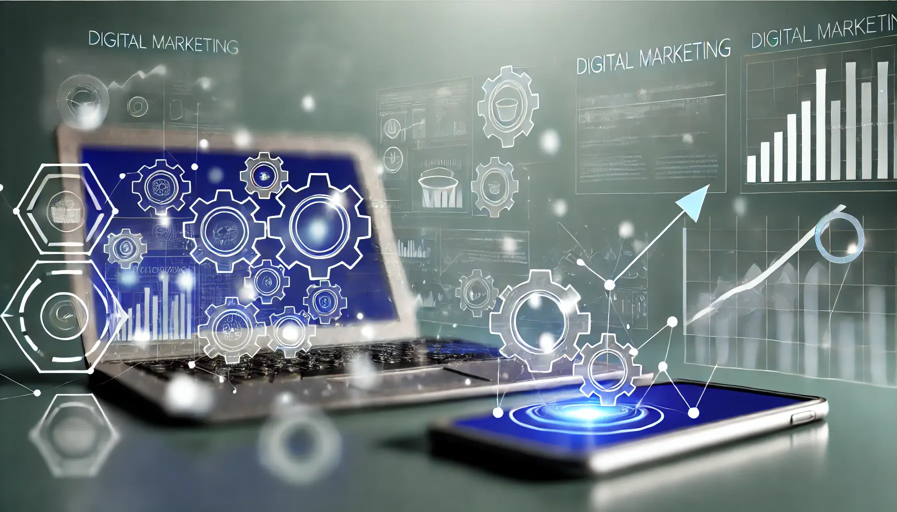 A digital marketing scene showing devices with automated tools and dashboards displaying metrics, symbolizing the efficiency of automation in scaling marketing campaigns.