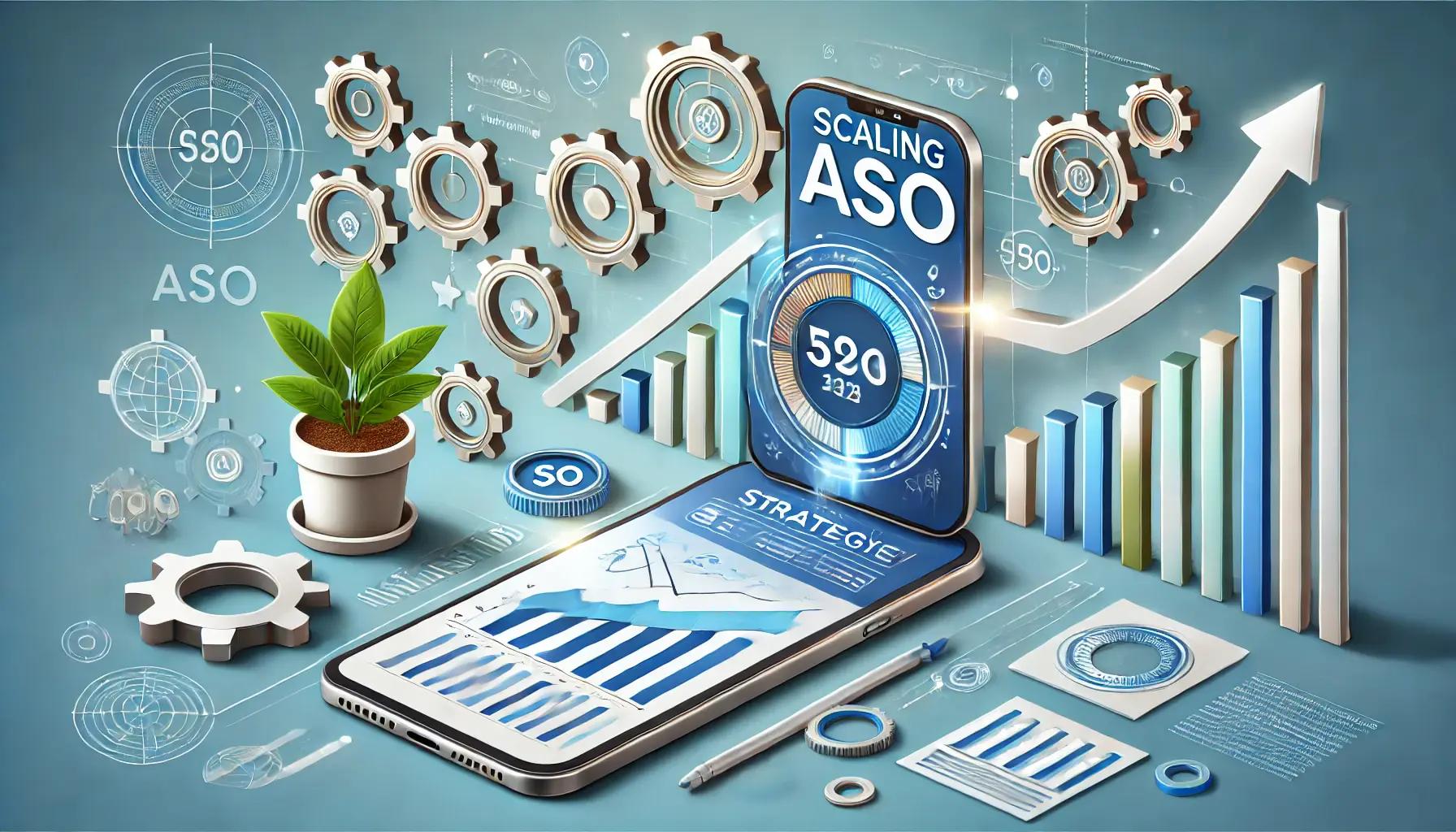 Illustration representing scaling ASO efforts for long-term growth, featuring a mobile device with a growth dashboard, surrounded by a ladder, arrows, and gears for strategic planning.