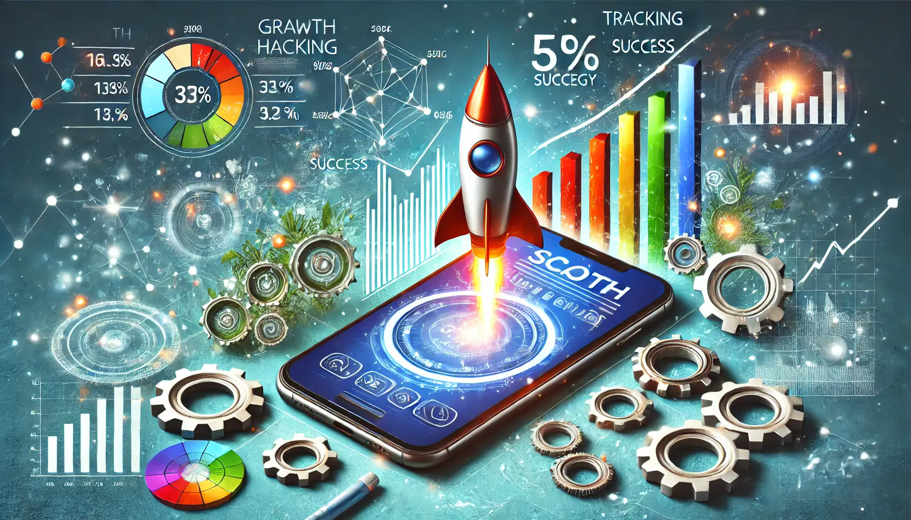 Illustration representing scaling a startup through growth hacking and tracking success, featuring a mobile device with growth metrics, surrounded by a rocket, gears, and graphs.