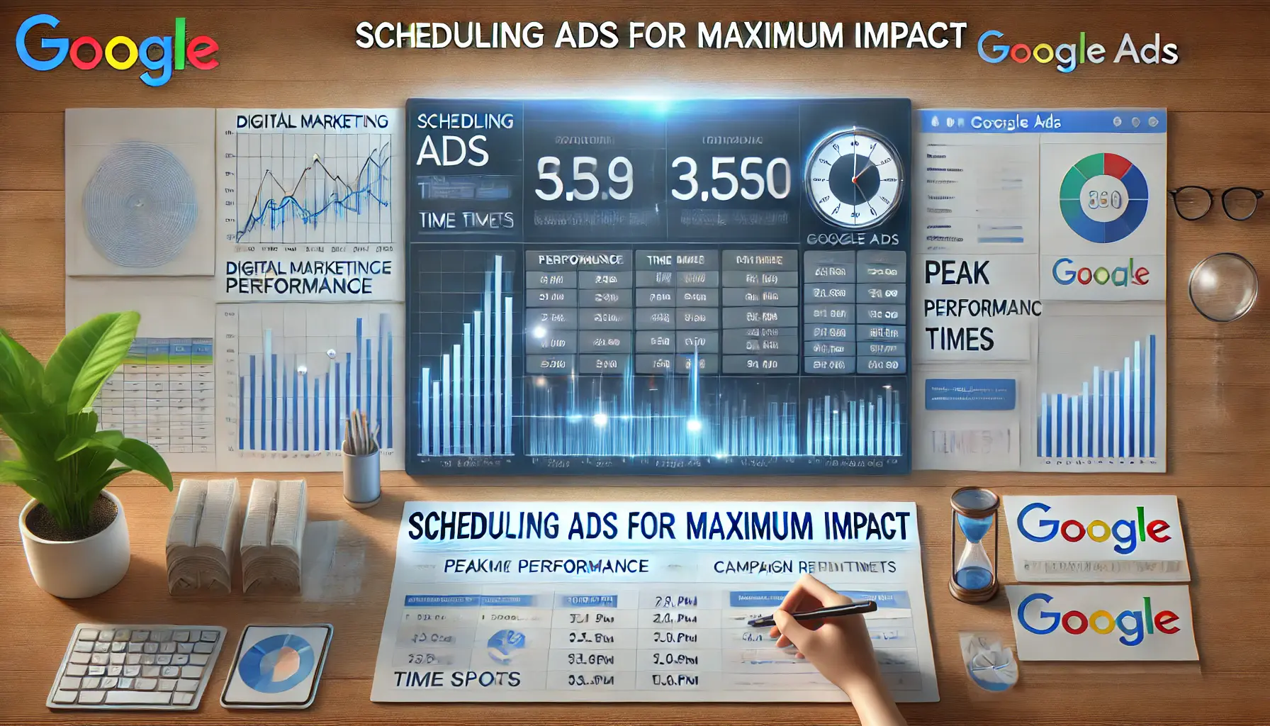 A digital marketing dashboard with performance charts, time slots, and campaign results showing ads scheduled for optimal performance.