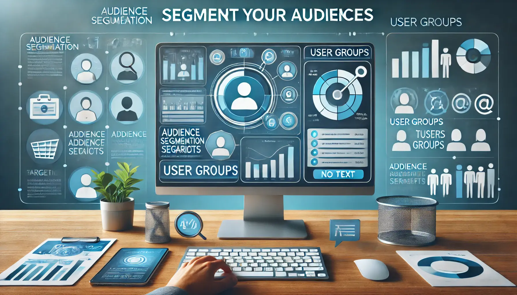 Digital marketing setup with a computer screen showing audience segmentation tools and user groups, representing audience segmentation.