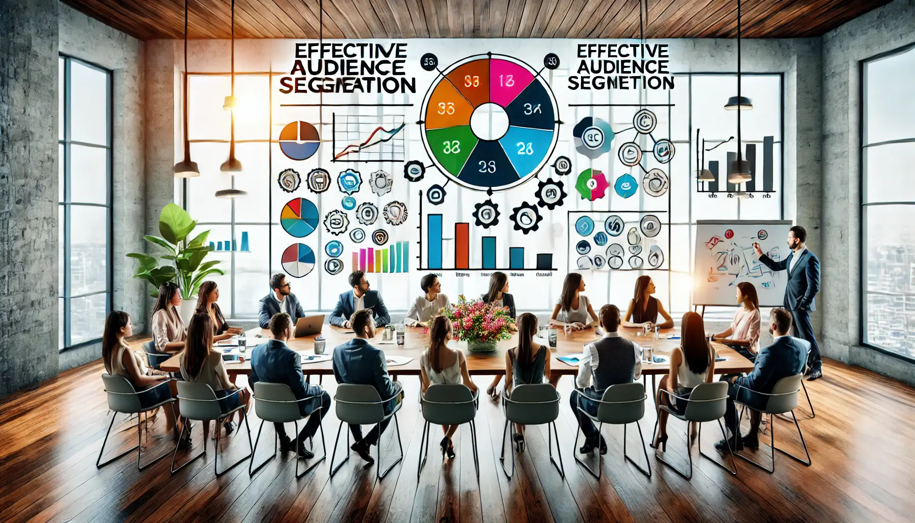 Marketing team brainstorming strategies around a table with colorful charts and sticky notes illustrating audience segments in a modern conference room.