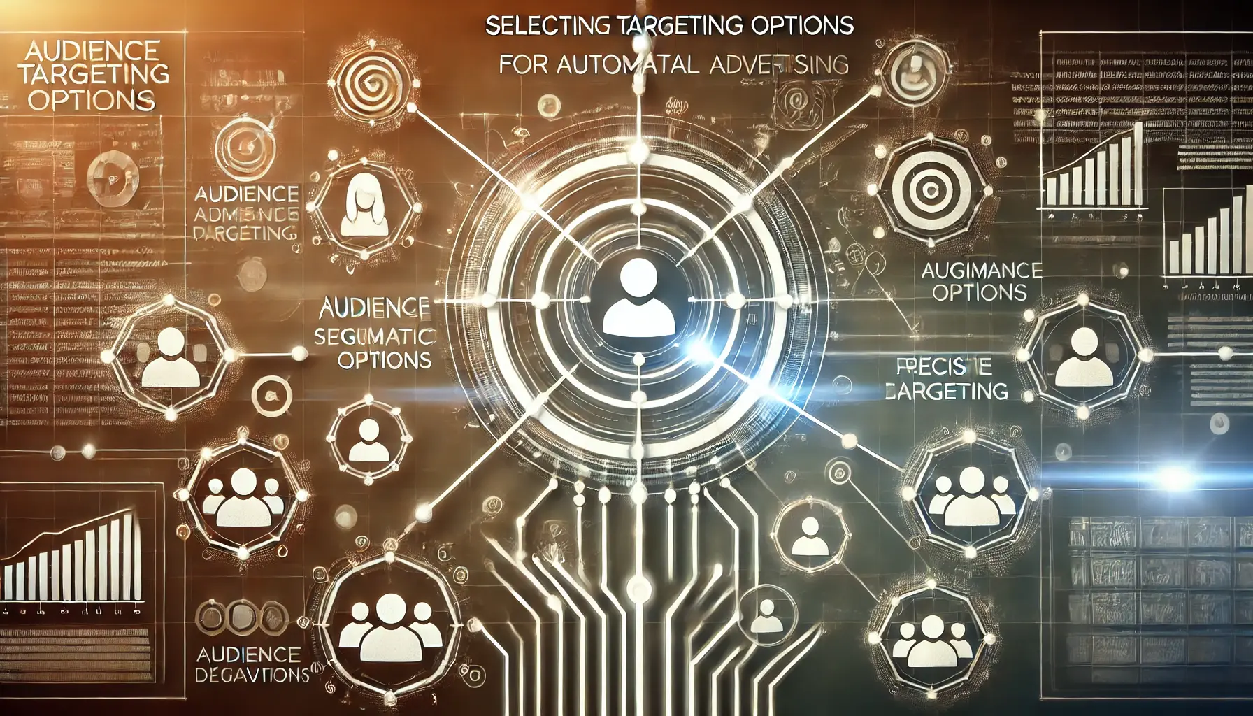 Abstract representation of audience targeting with interconnected nodes and pathways symbolizing automated selection of demographics and behaviors