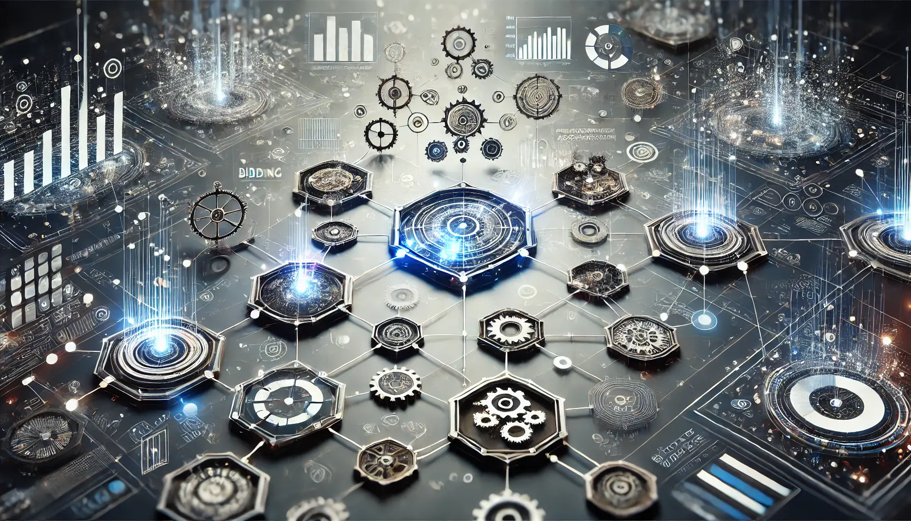 A visual representation of selecting the right bidding strategy with branching paths, decision trees, and interconnected gears symbolizing strategic choices in digital advertising.