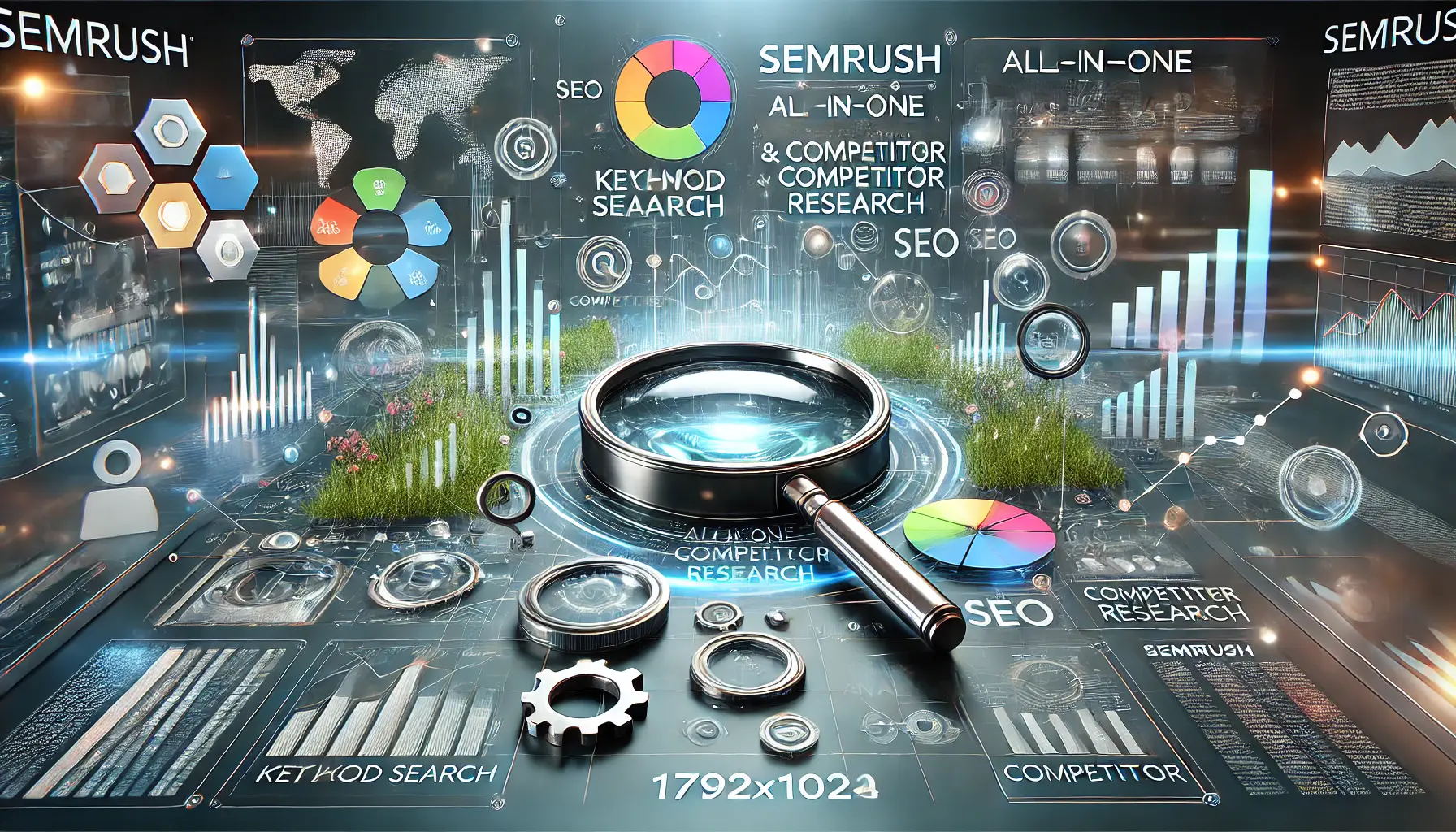 An illustration of SEMrush as a keyword and competitor research tool, featuring magnifying glasses, keyword charts, graphs, and SEO-related icons.