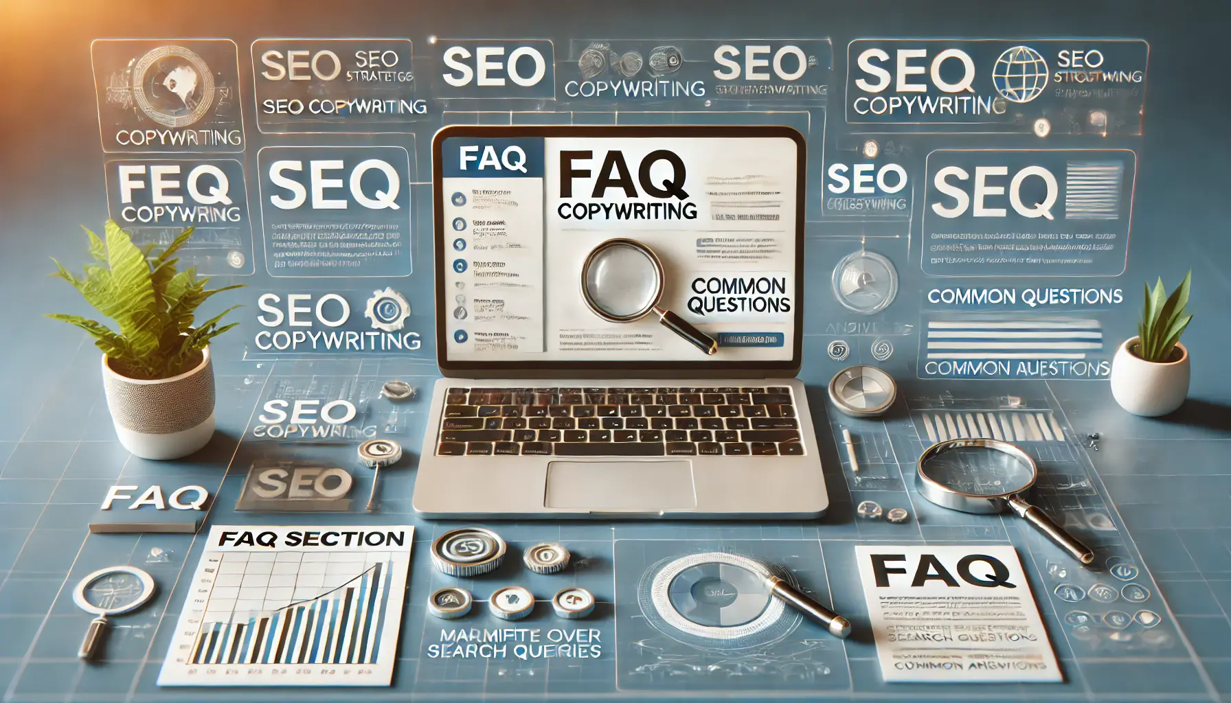 A digital workspace displaying an FAQ interface on SEO strategies, with charts and analytics tools representing research and common SEO queries.