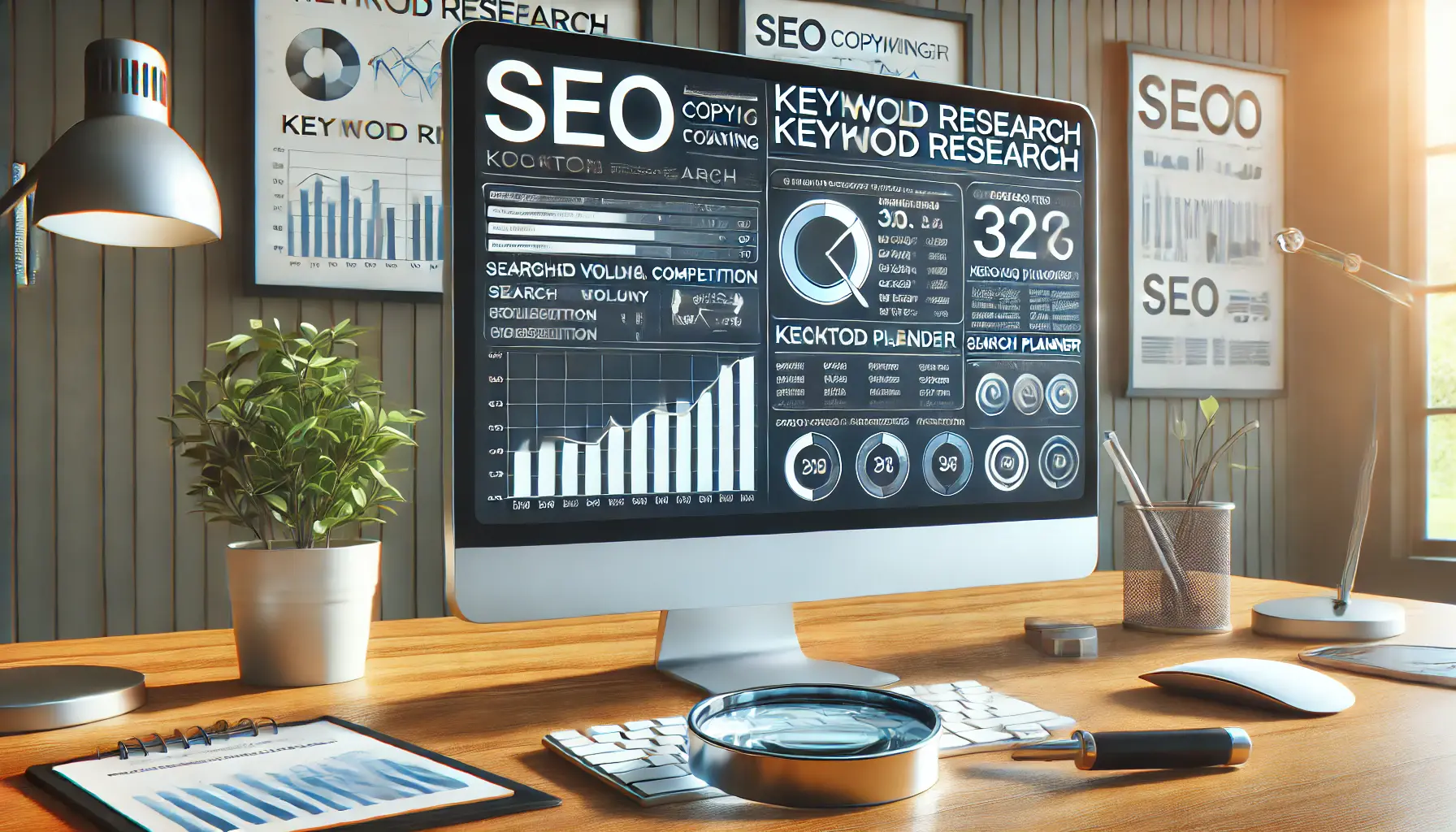 A clean digital workspace featuring a screen with keyword analysis tools, search volume graphs, and keyword planner, symbolizing detailed keyword research.