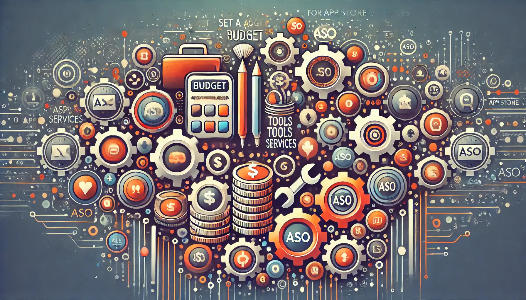 Abstract image symbolizing budget allocation for ASO tools and services with visuals of a toolkit, coins, and interconnected gears.