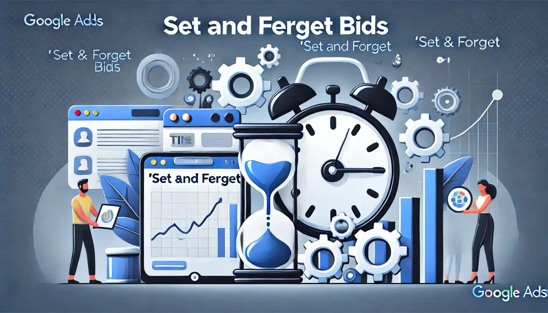 Visual representation of setting bids and neglecting to adjust them, featuring a clock symbolizing time passing, a graph showing stagnant performance, and gears representing a lack of optimization.