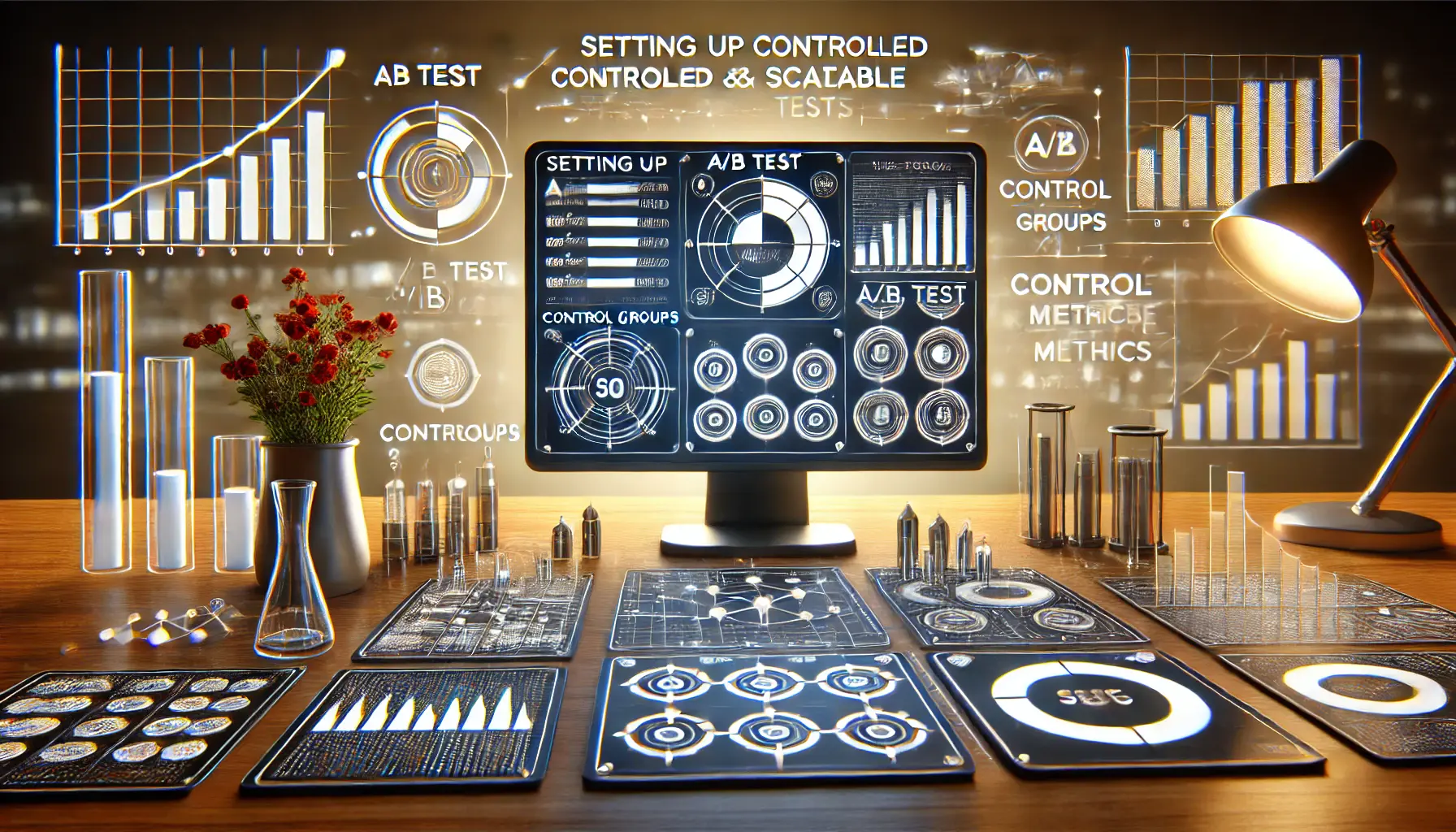 A computer screen displaying structured layouts of testing phases for controlled and scalable ad tests.