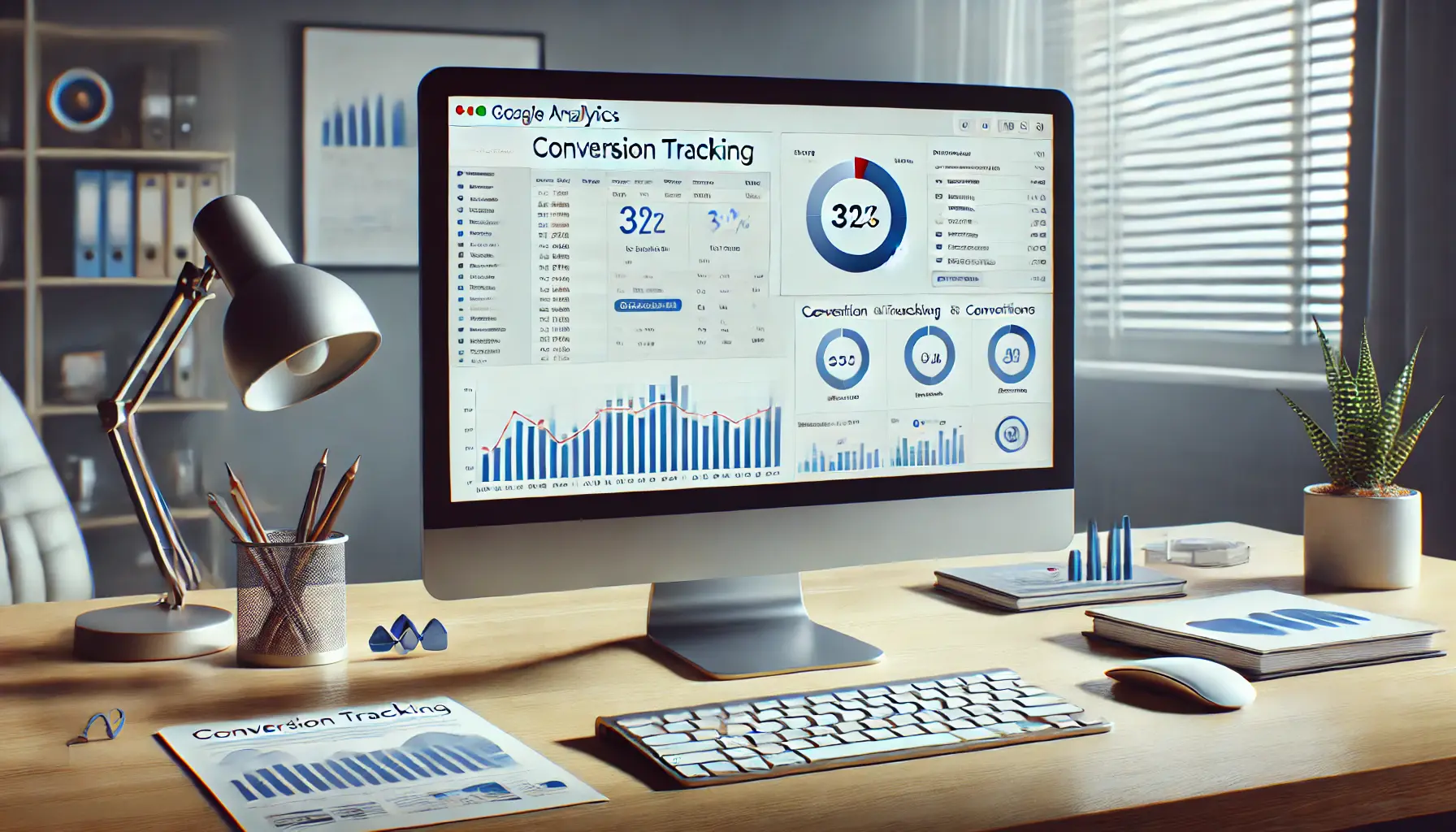 Workspace with a computer screen displaying Google Analytics setup for conversion tracking, surrounded by icons representing tracking and analytics.