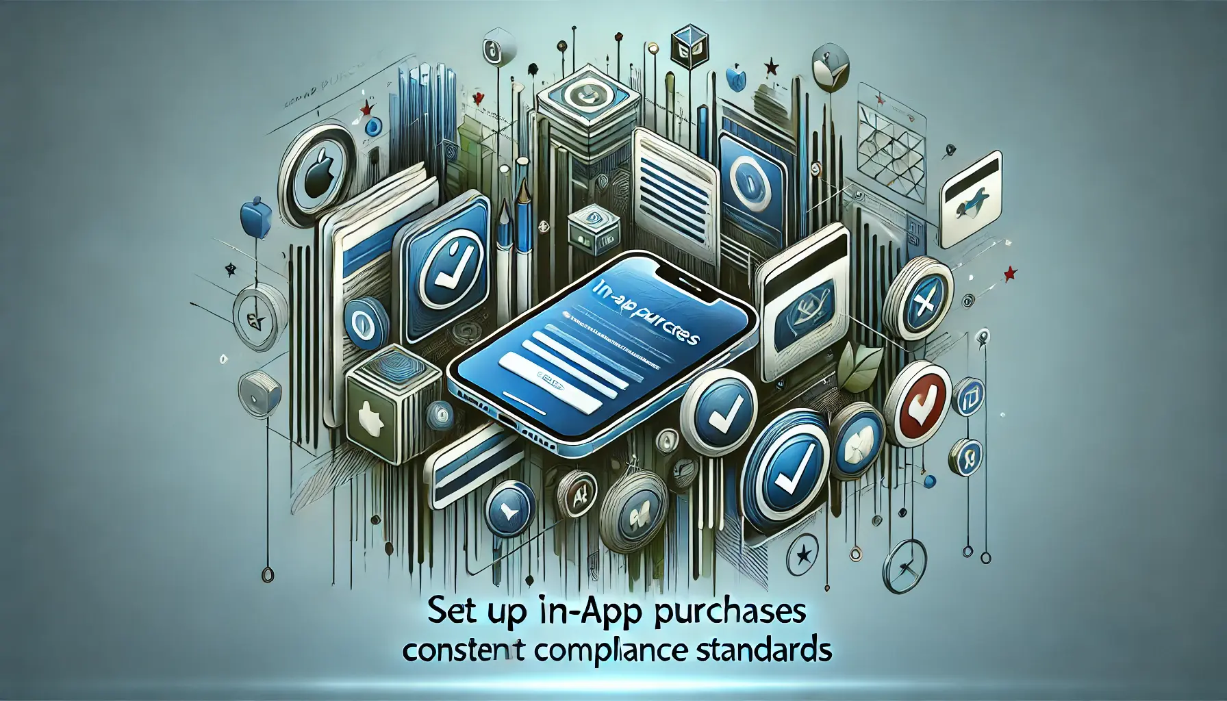 Abstract representation of setting up in-app purchases with compliance standards, featuring symbols of payment systems and adherence to guidelines.