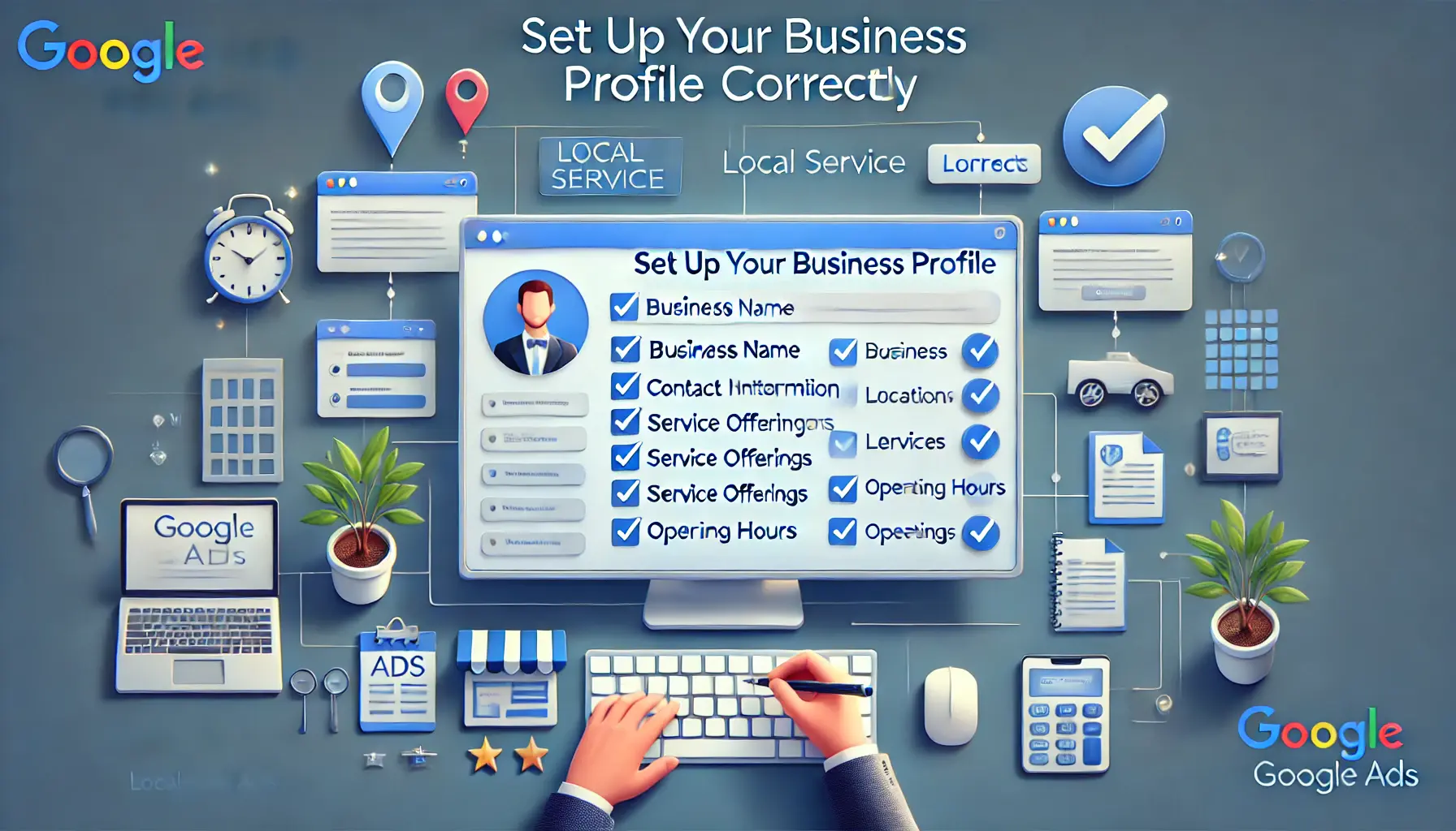 An image showing a digital business profile being completed with correct details like business name, contact information, and services, along with icons and check marks symbolizing accuracy.