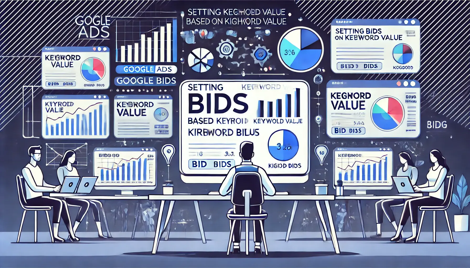 A visual representation of setting bids based on keyword value, showing a person analyzing data on a computer.